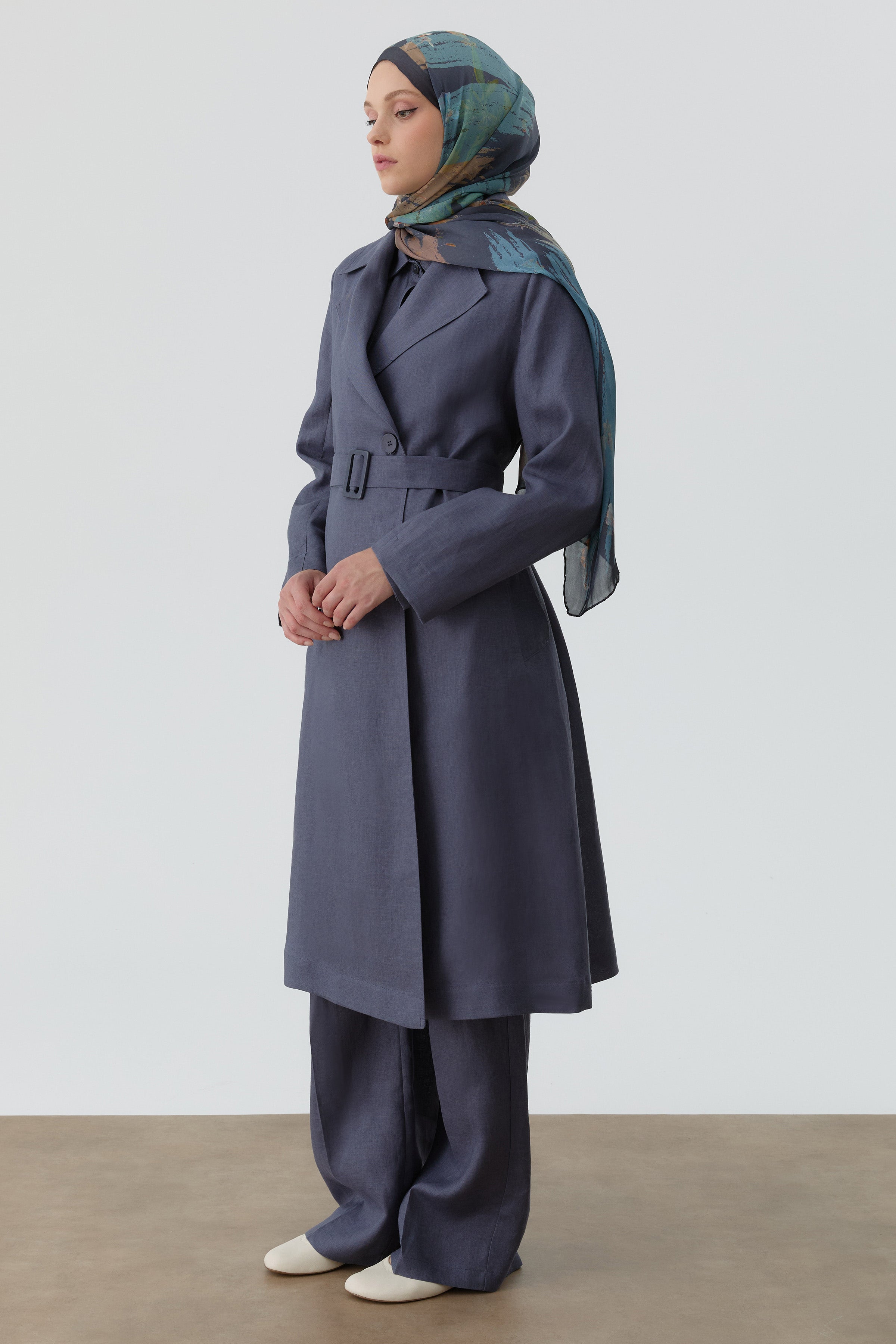 Kemerli Keten Trenç - İndigo TUGBA