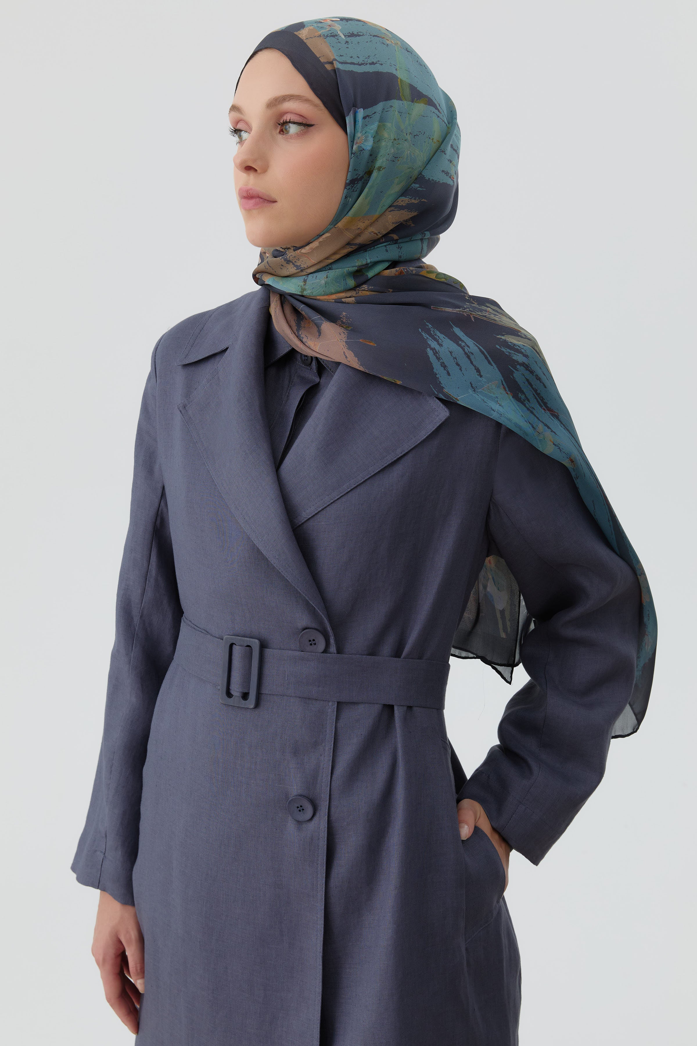 Kemerli Keten Trenç - İndigo TUGBA