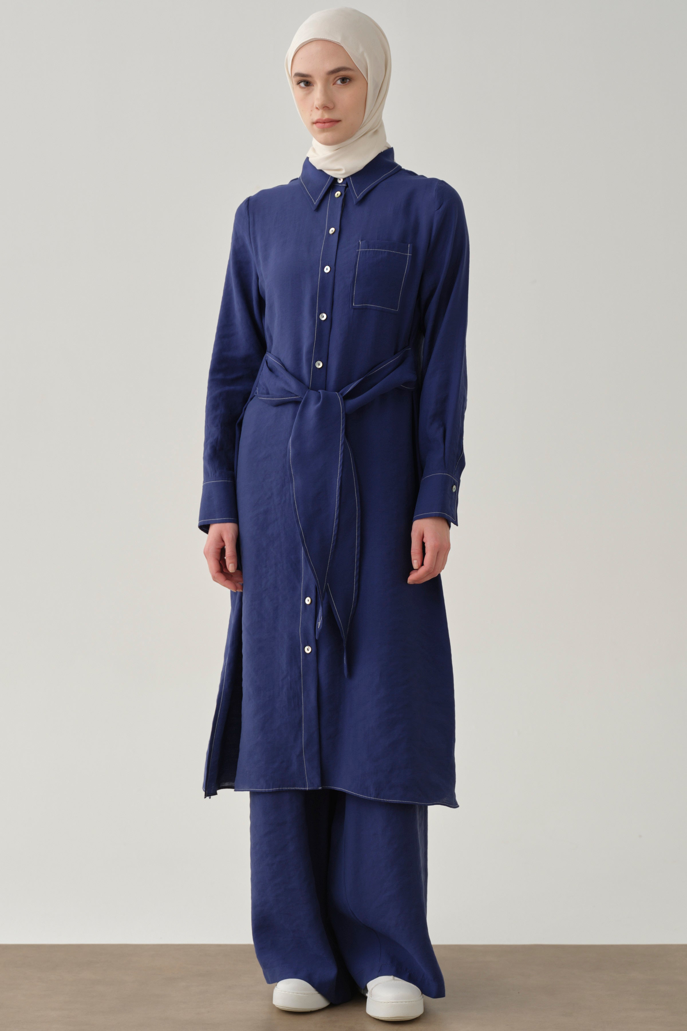 Kemerli Tunik Pantolon Takım - Lacivert TUGBA