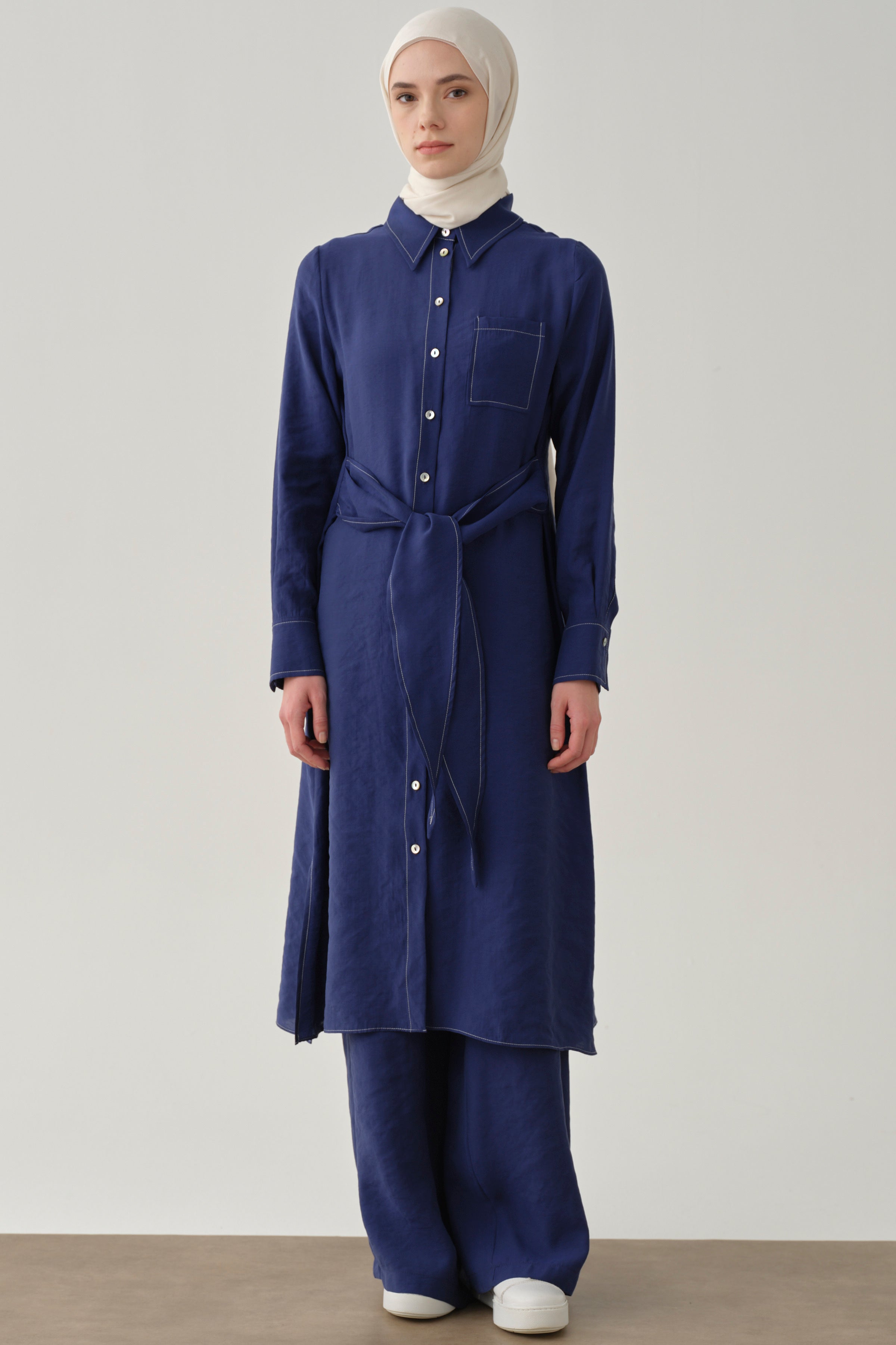 Kemerli Tunik Pantolon Takım - Lacivert TUGBA