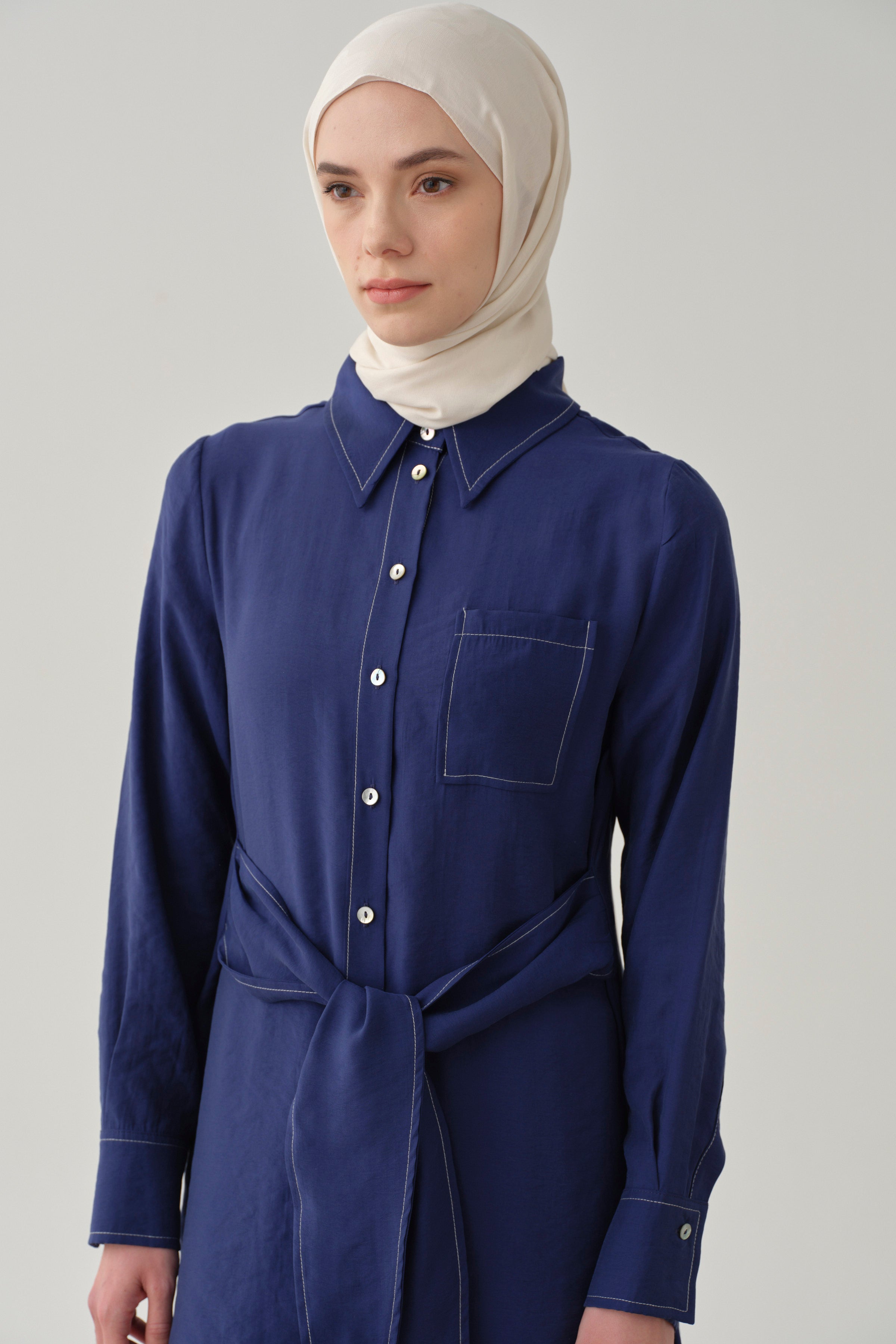 Kemerli Tunik Pantolon Takım - Lacivert TUGBA