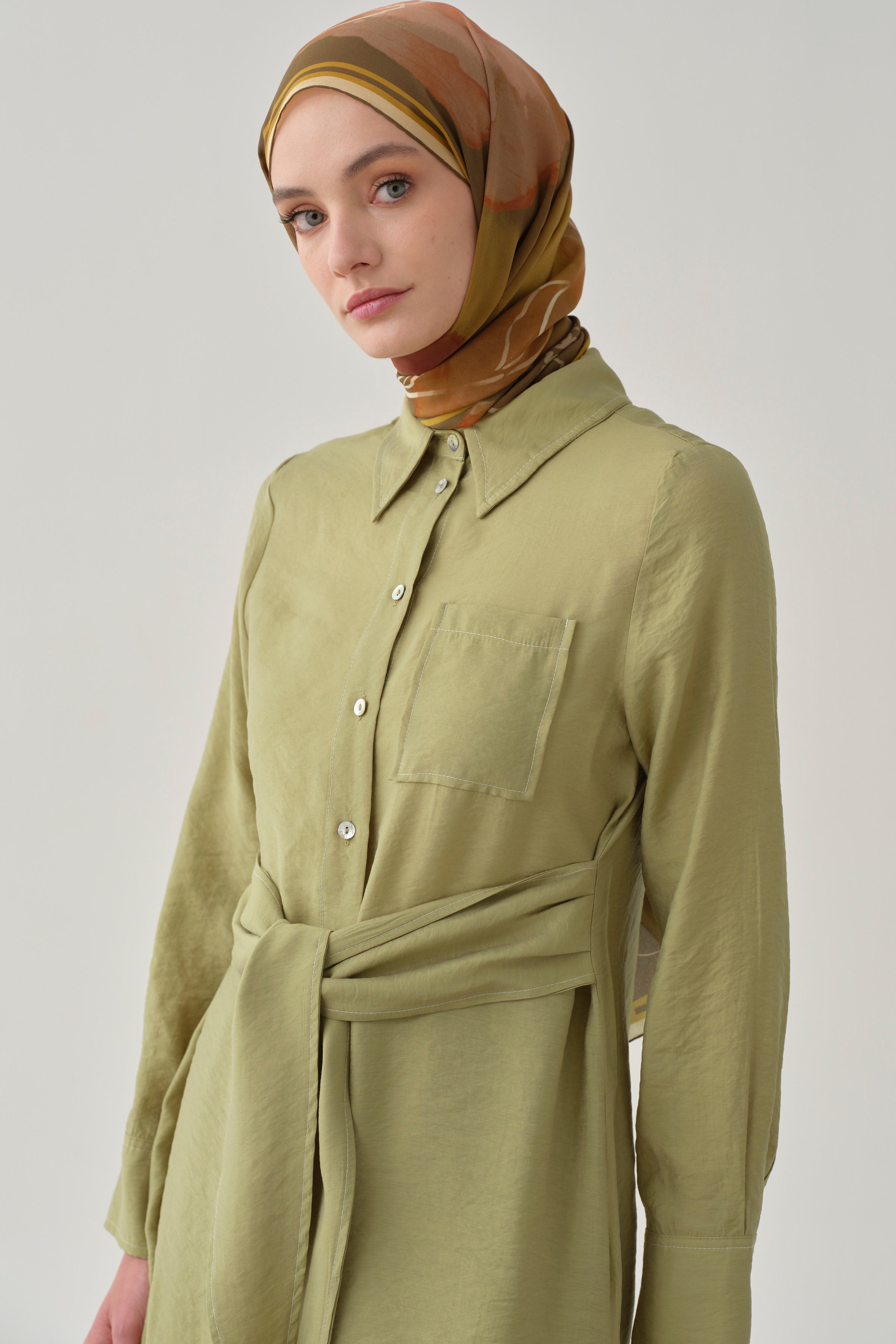 Kemerli Tunik Pantolon Takım - Olive TUGBA