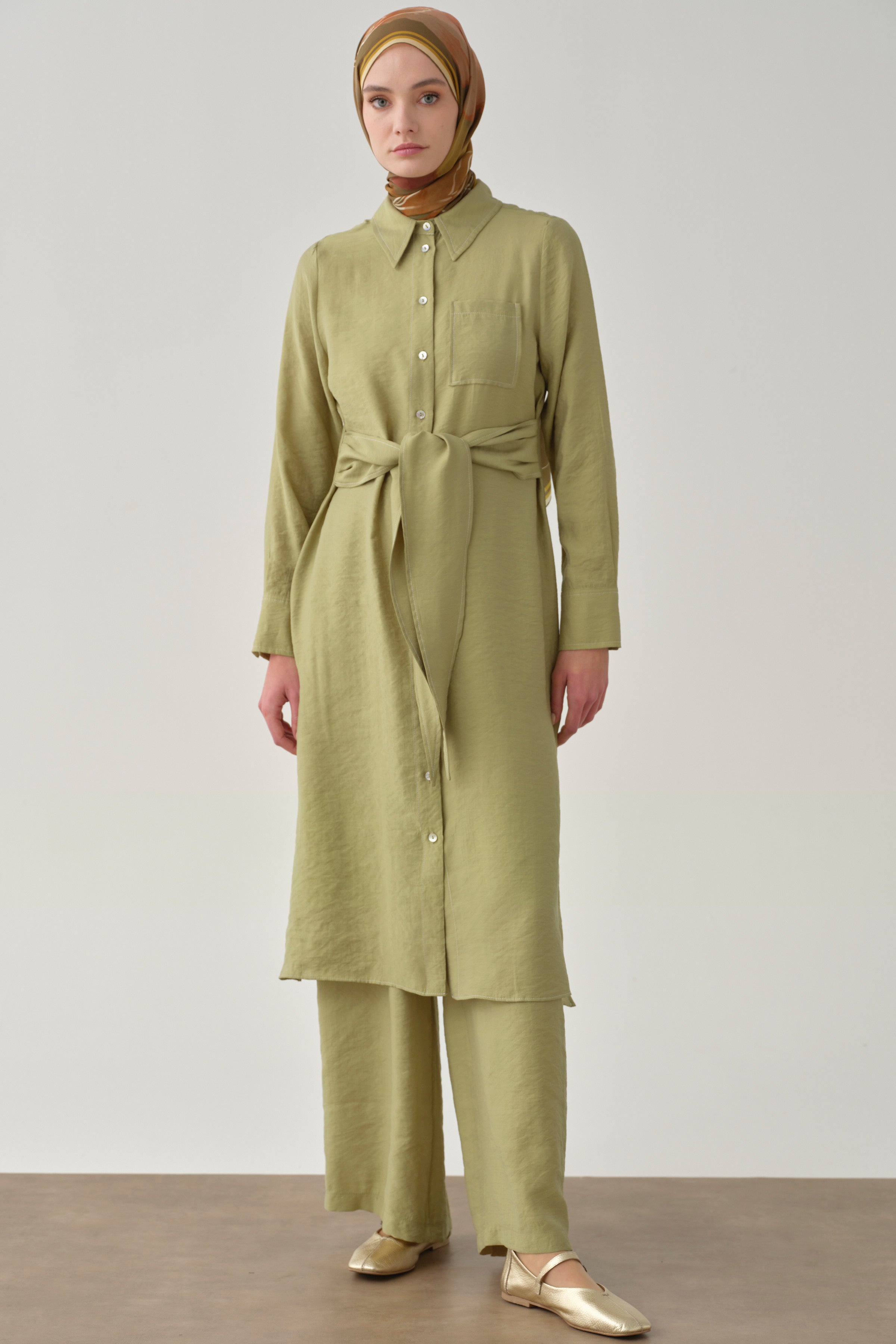 Kemerli Tunik Pantolon Takım - Olive TUGBA