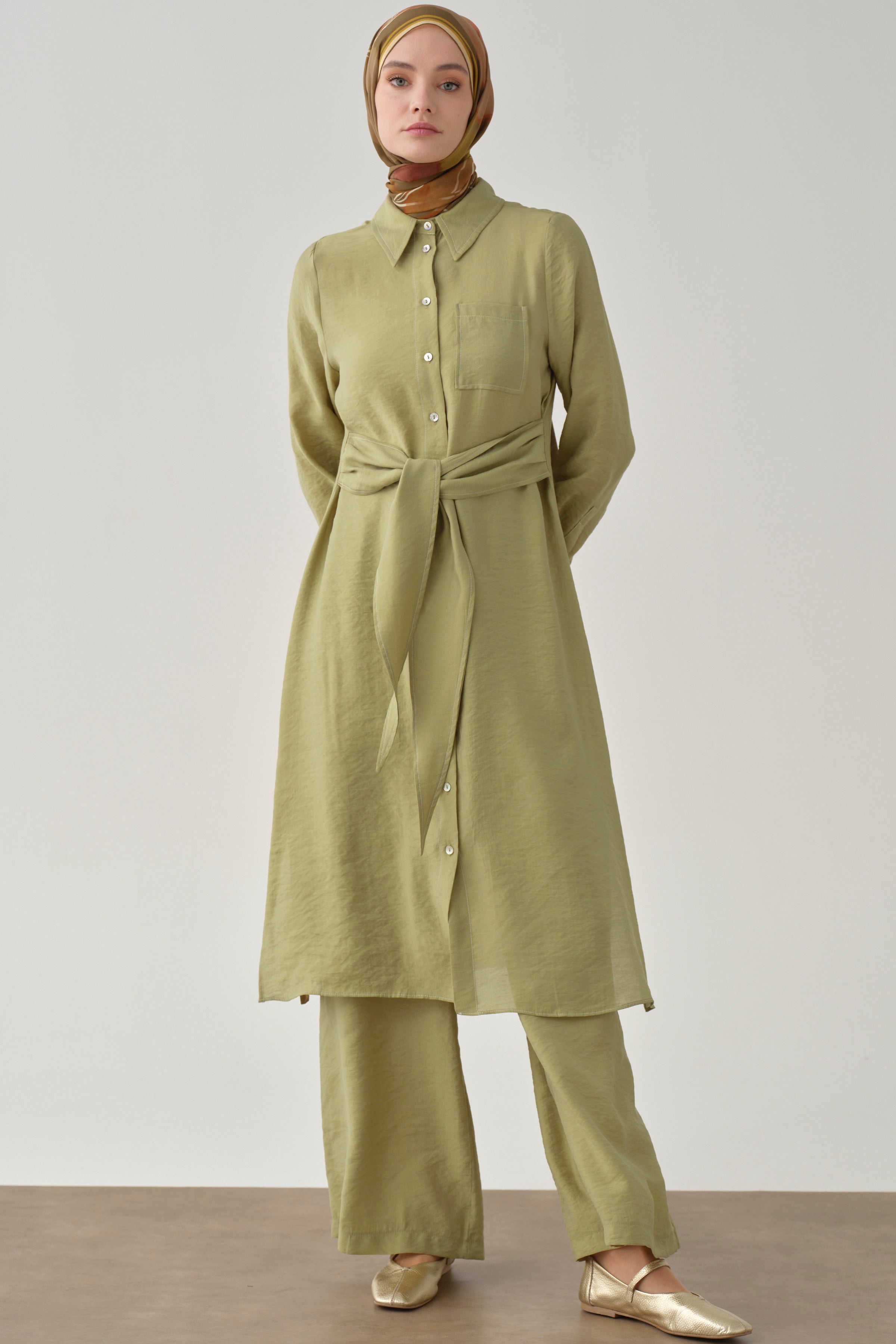 Kemerli Tunik Pantolon Takım - Olive TUGBA