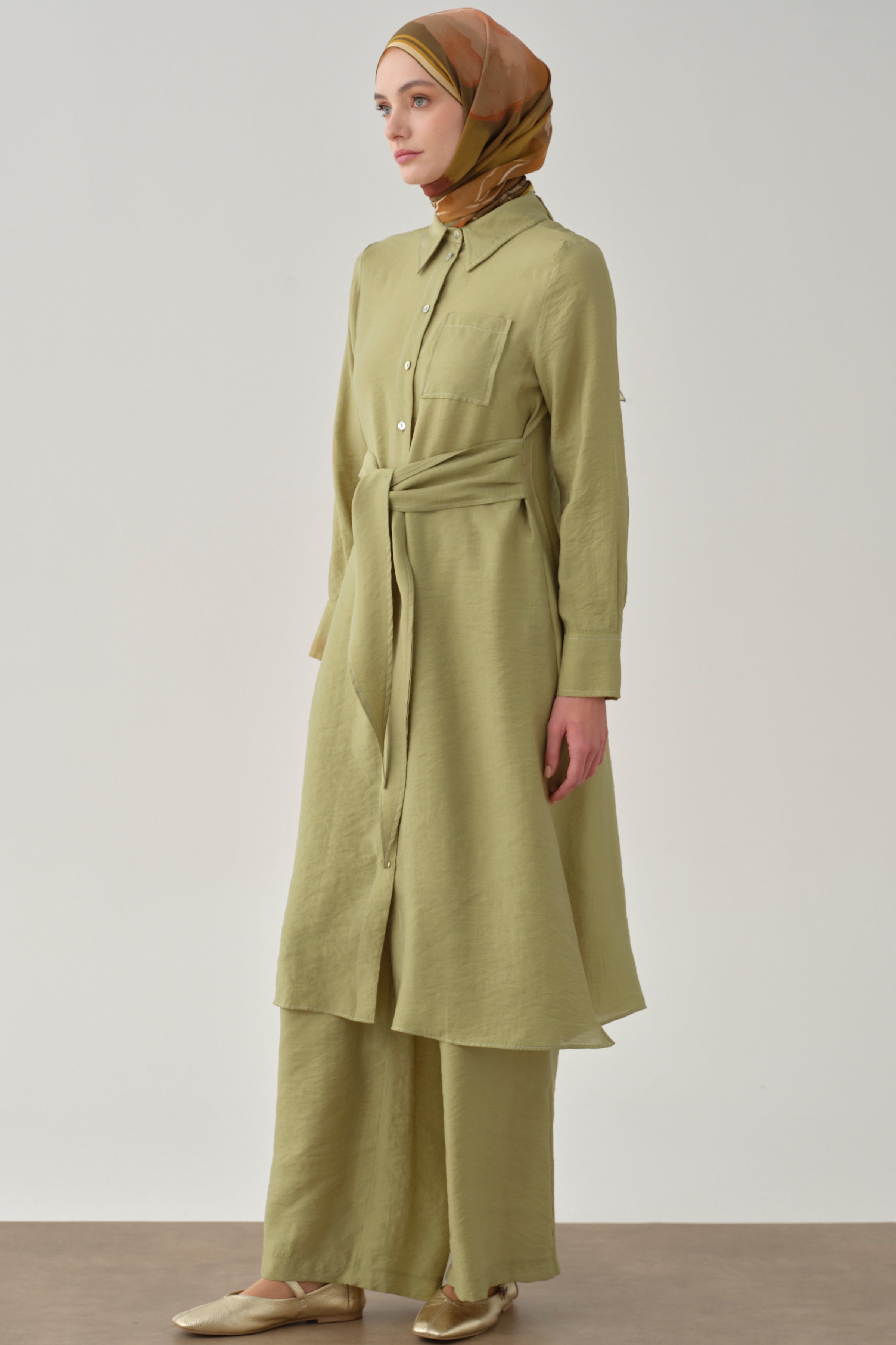 Kemerli Tunik Pantolon Takım - Olive TUGBA