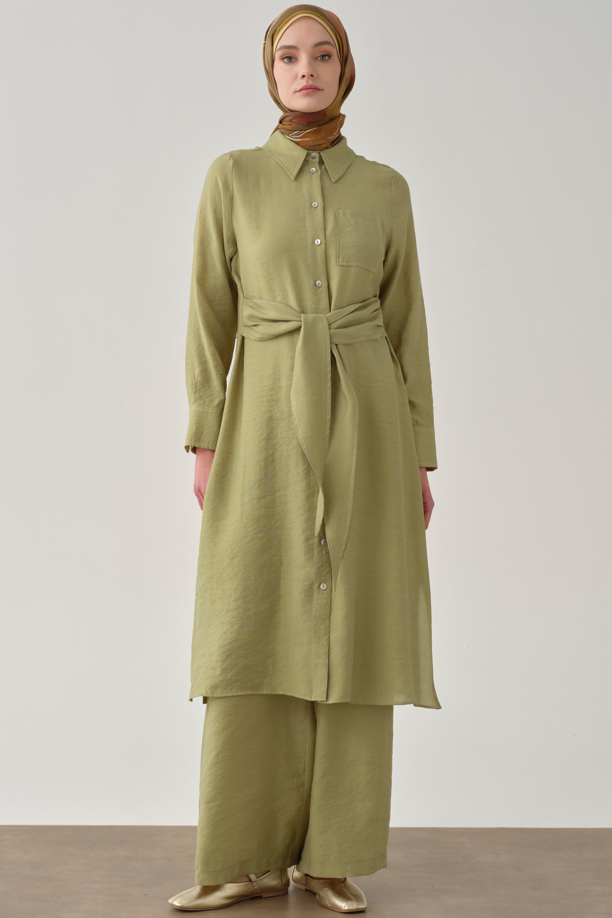 Kemerli Tunik Pantolon Takım - Olive TUGBA