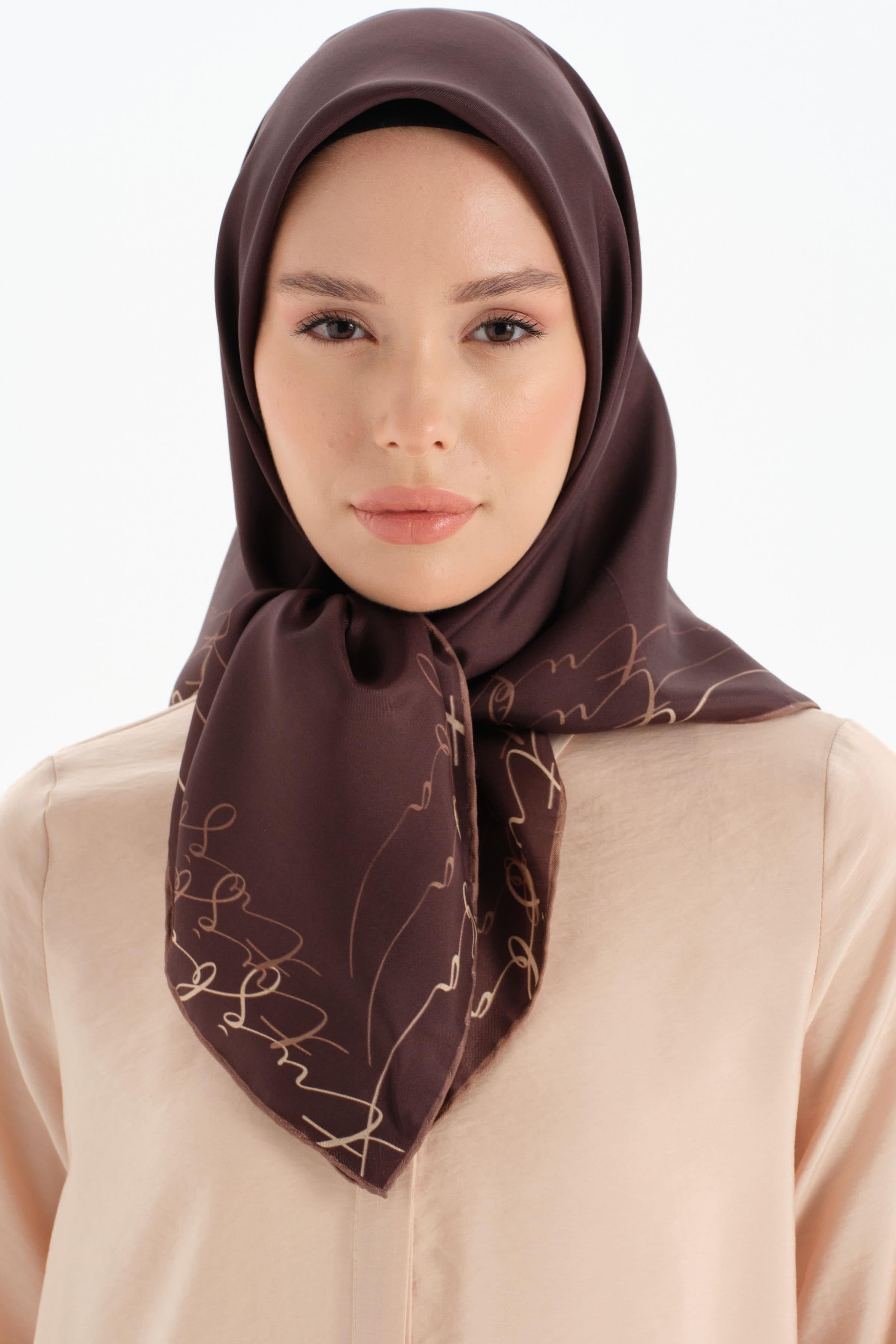 Kenar Detaylı Twill İpek Eşarp - Acı Kahve TUGBA