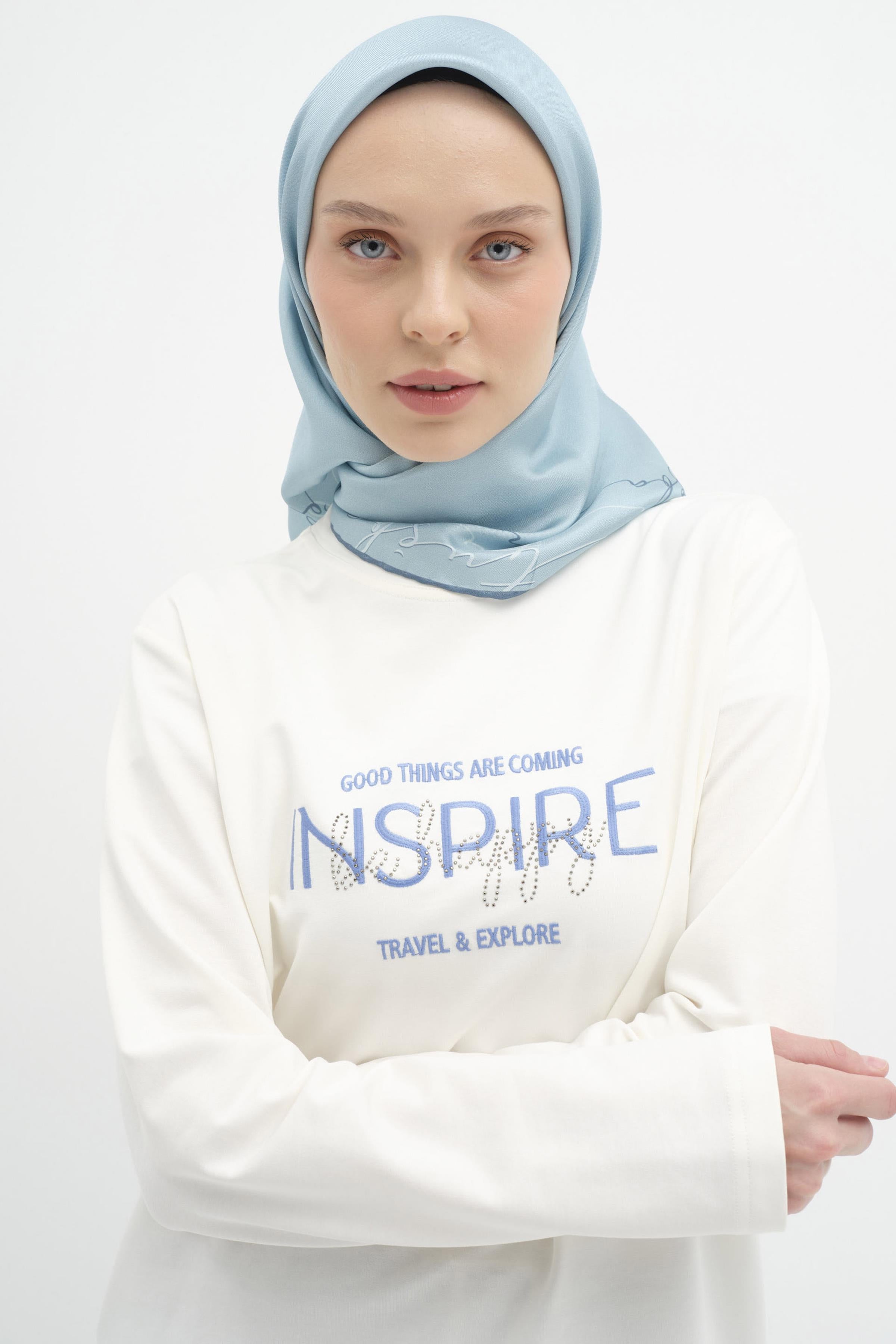 Kenar Detaylı Twill İpek Eşarp - Açık Mavi TUGBA