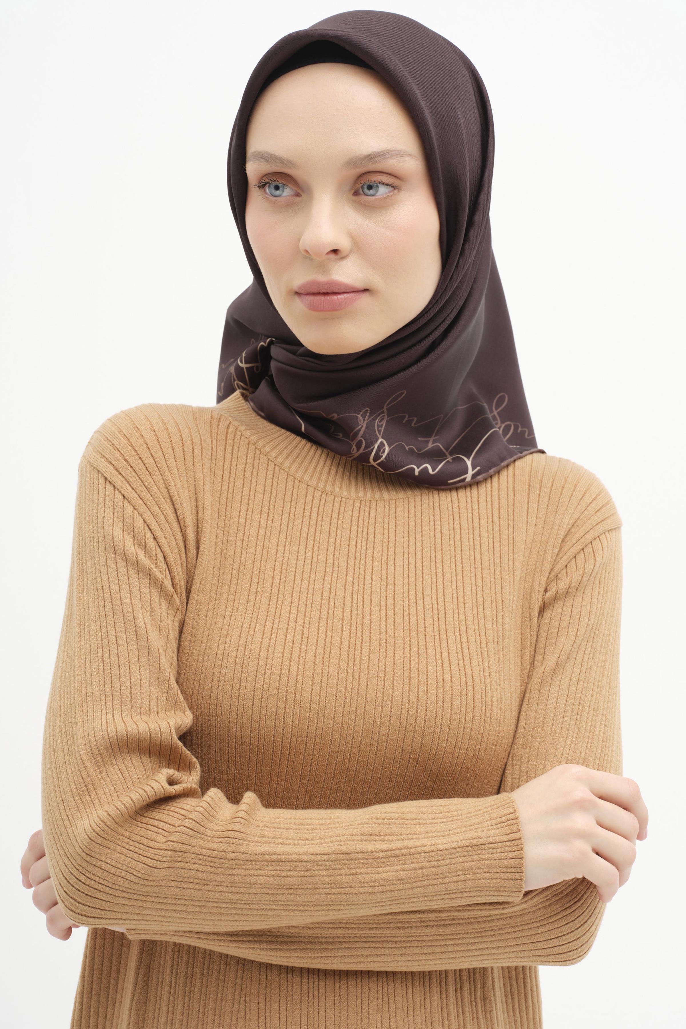 Kenar Detaylı Twill İpek Eşarp - Kahve TUGBA