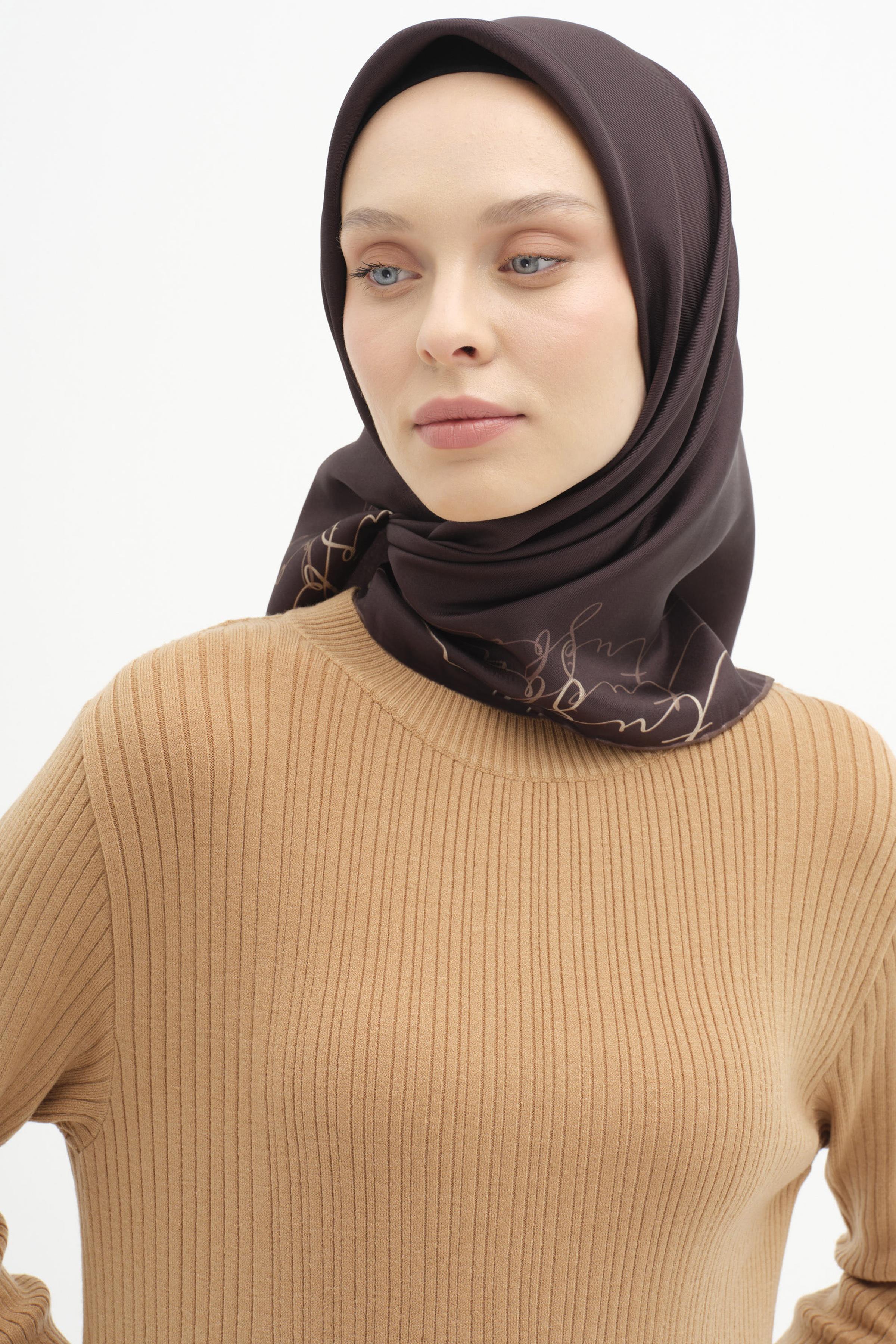 Kenar Detaylı Twill İpek Eşarp - Kahve TUGBA