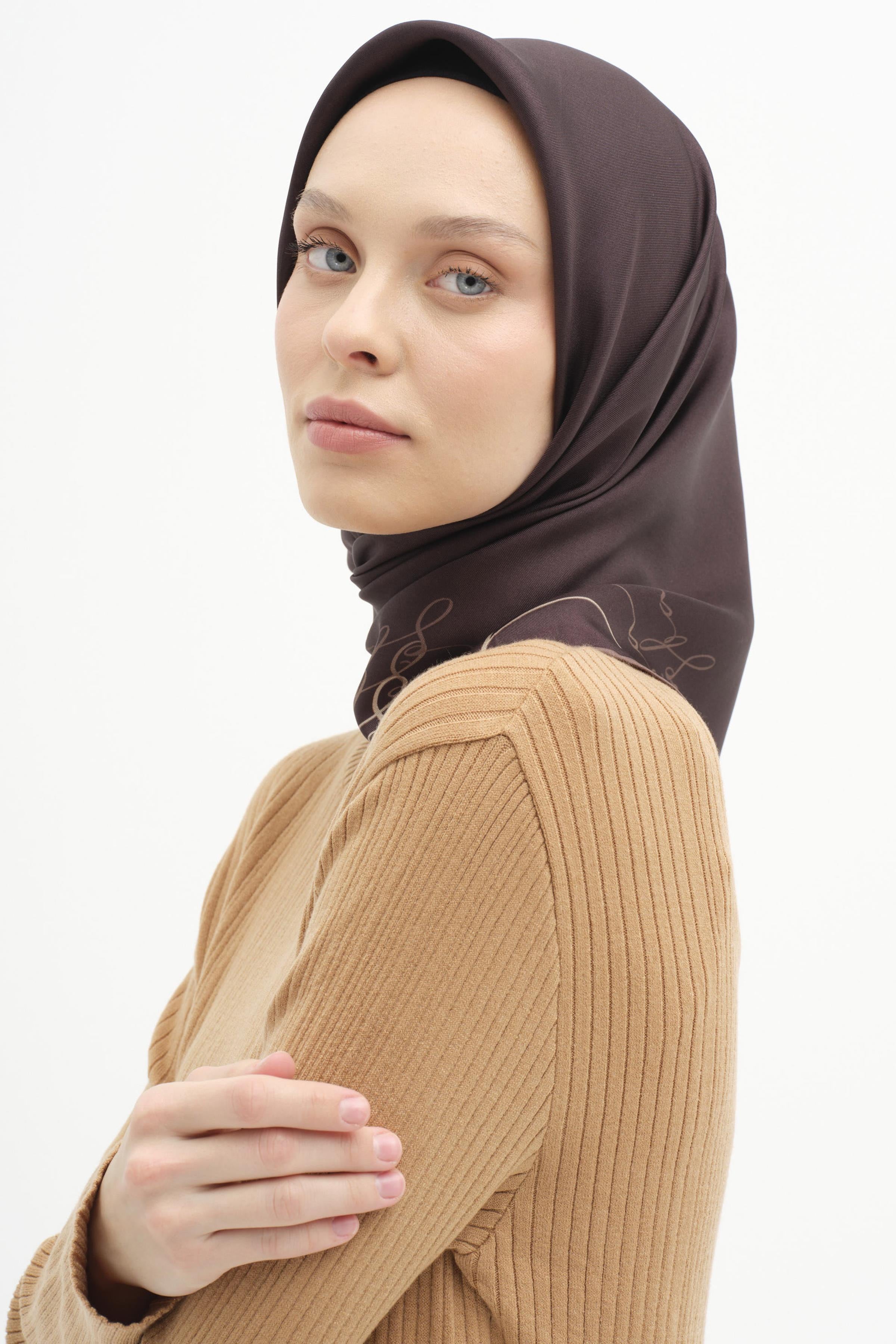 Kenar Detaylı Twill İpek Eşarp - Kahve TUGBA
