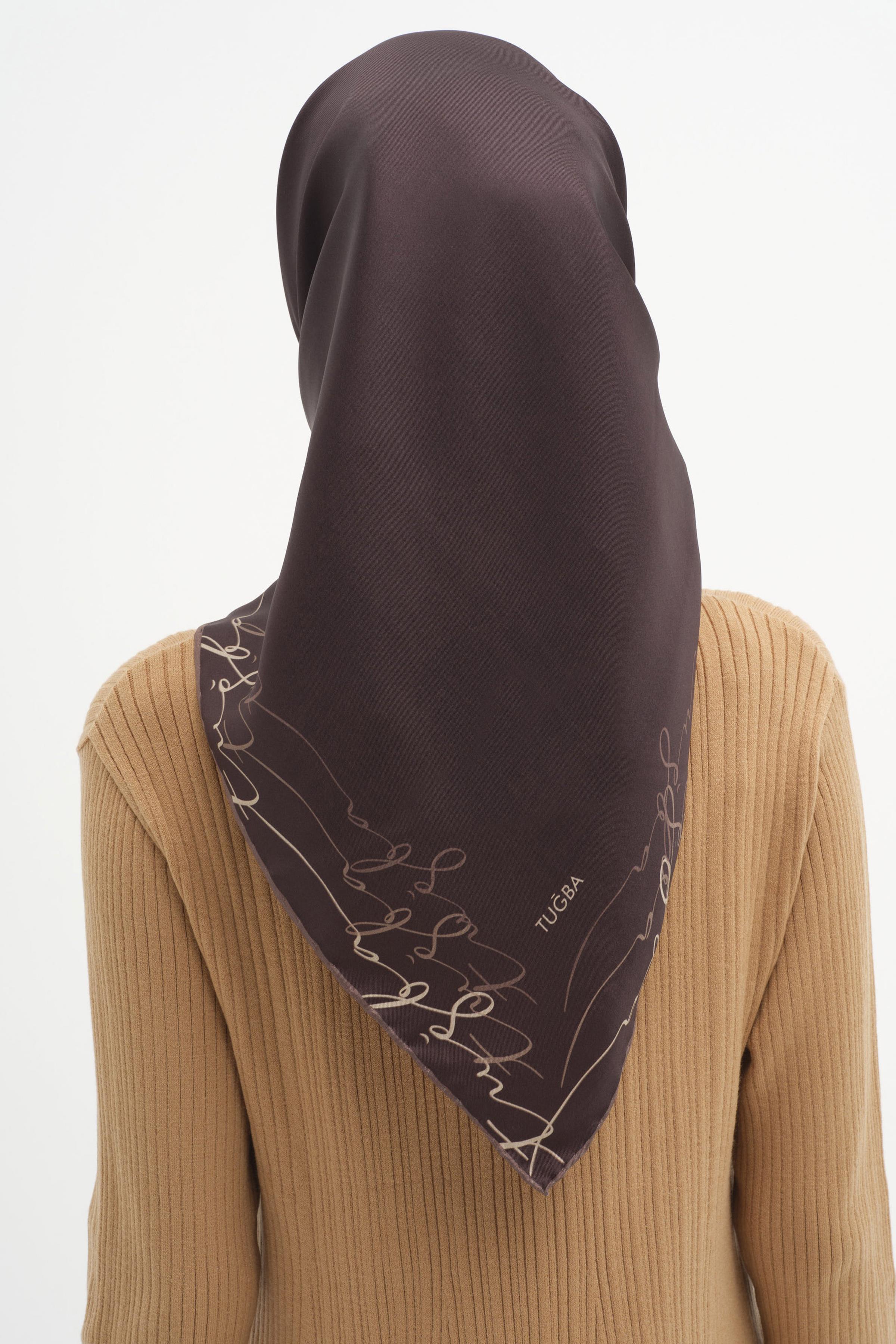 Kenar Detaylı Twill İpek Eşarp - Kahve TUGBA