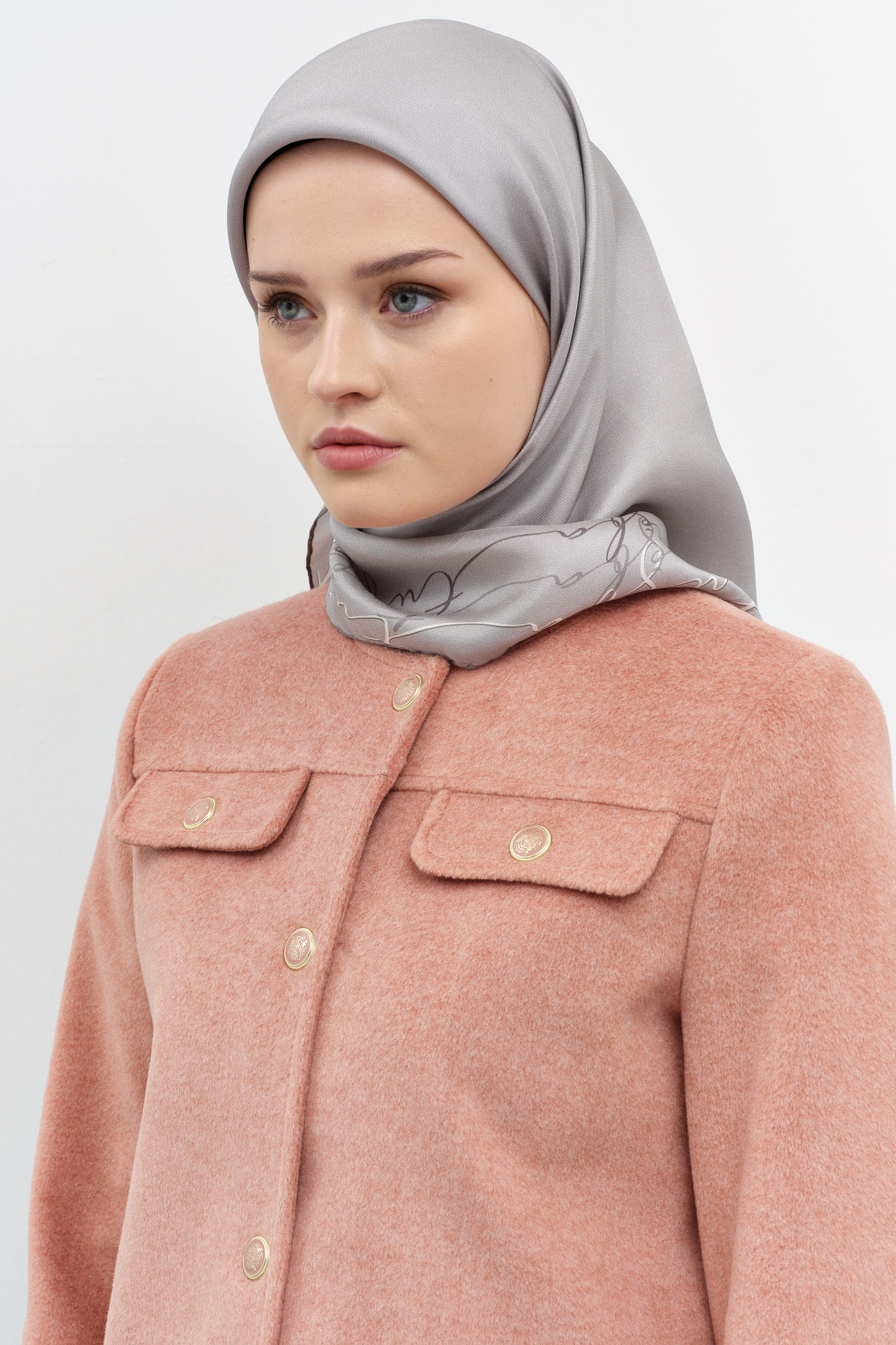 Kenar Detaylı Twill İpek Eşarp - Gümüş TUGBA