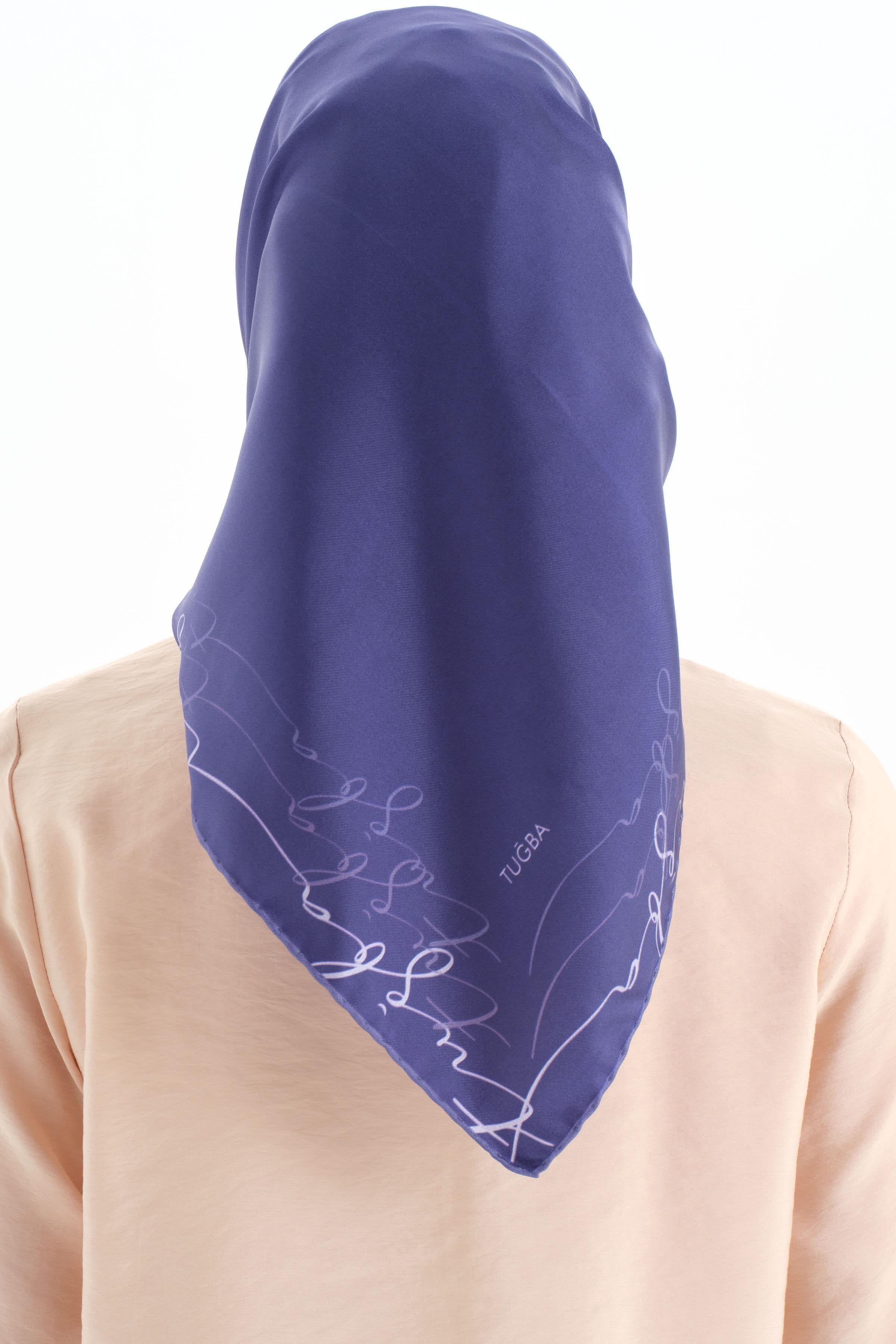 Kenar Detaylı Twill İpek Eşarp - Lacivert TUGBA