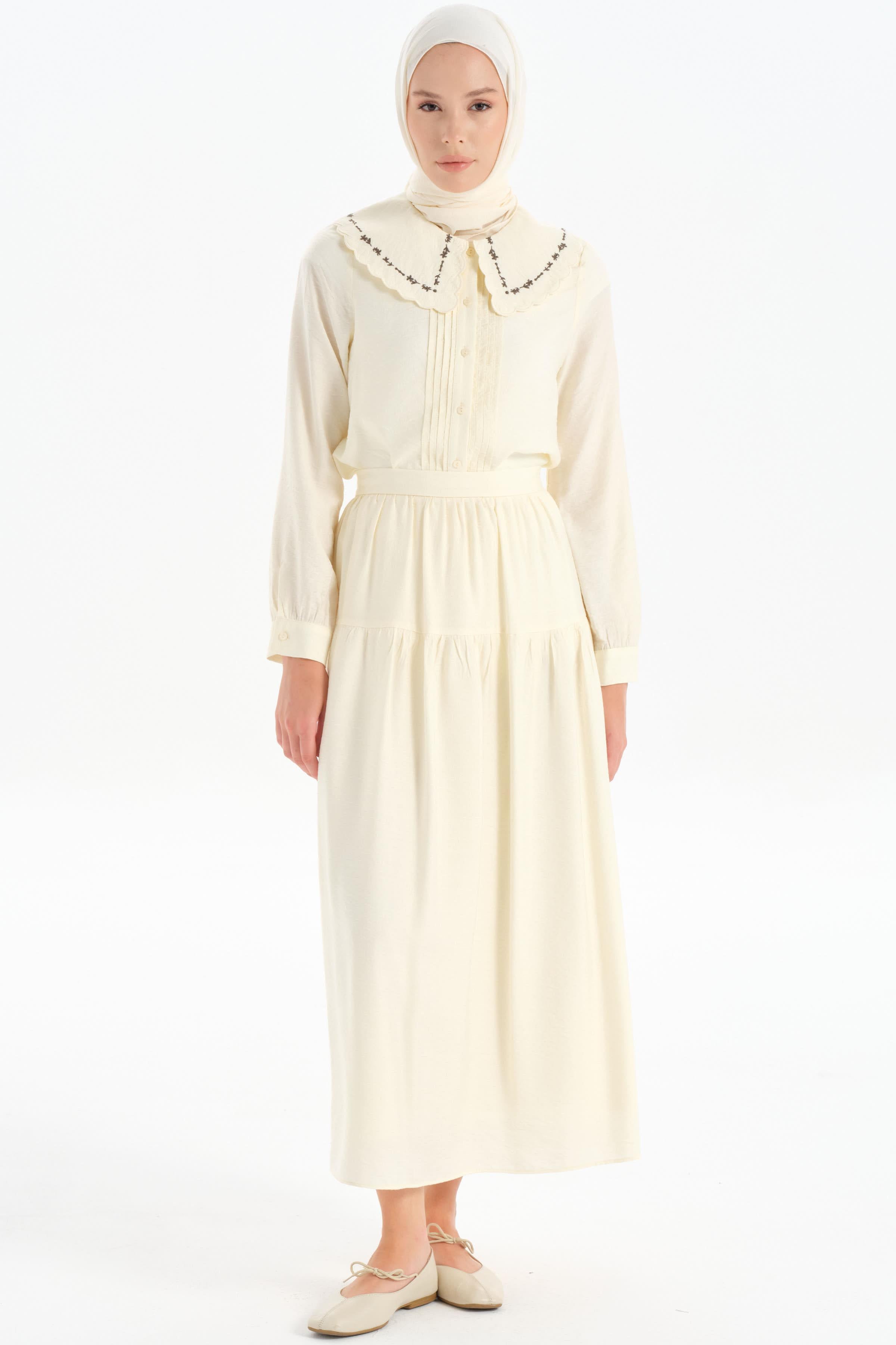 Kesik Detaylı Büzgülü Etek - Ekru TUGBA