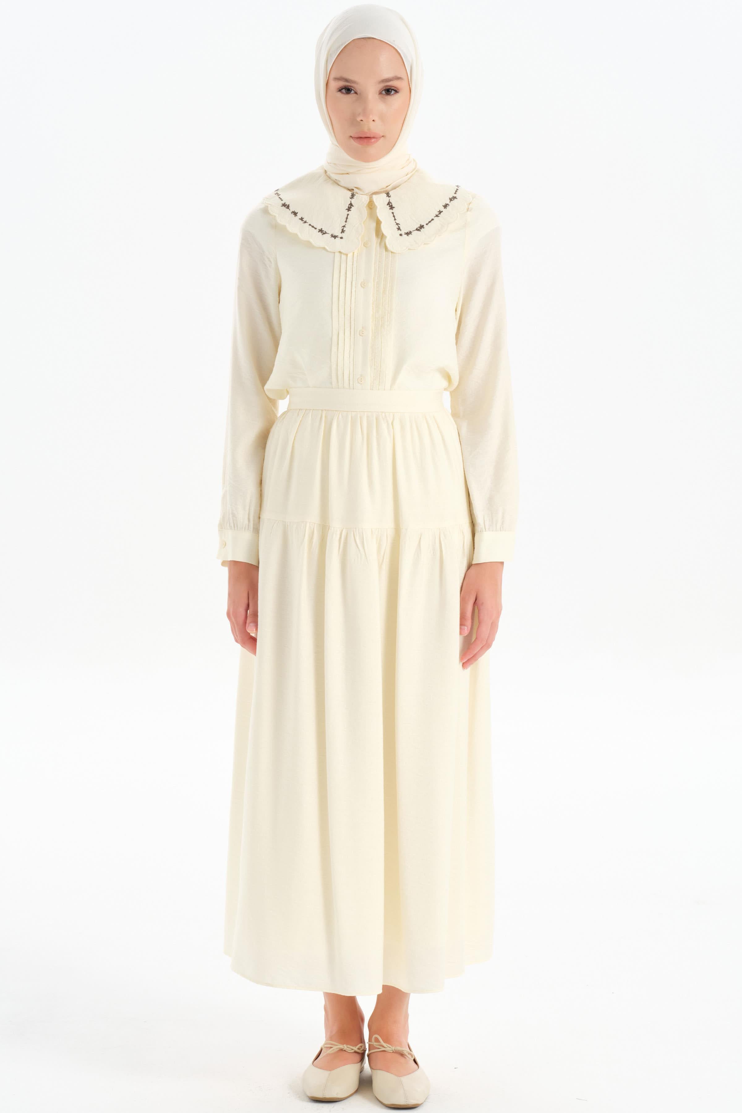 Kesik Detaylı Büzgülü Etek - Ekru TUGBA