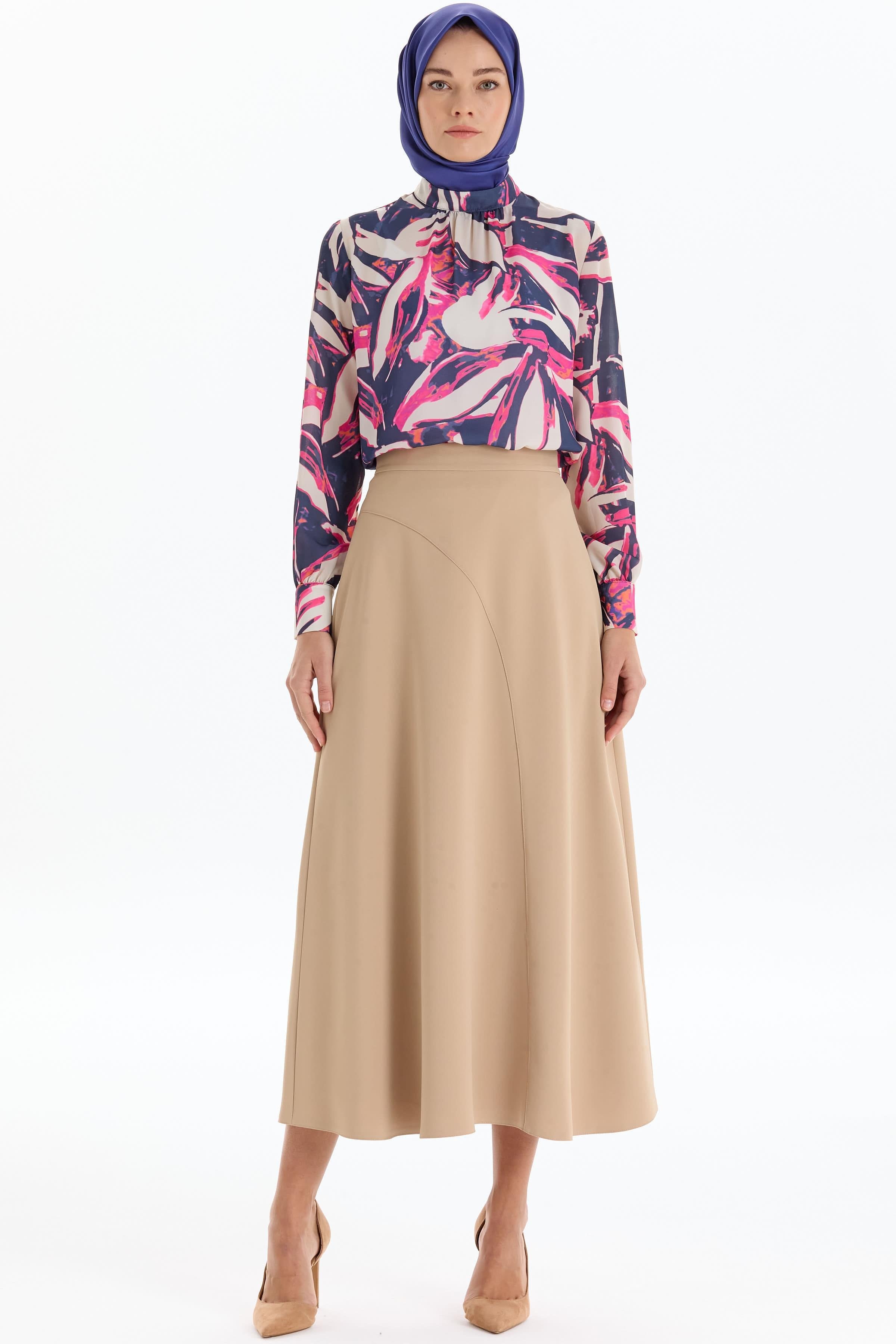 Kesik Detaylı Godeli Etek - Bej TUGBA