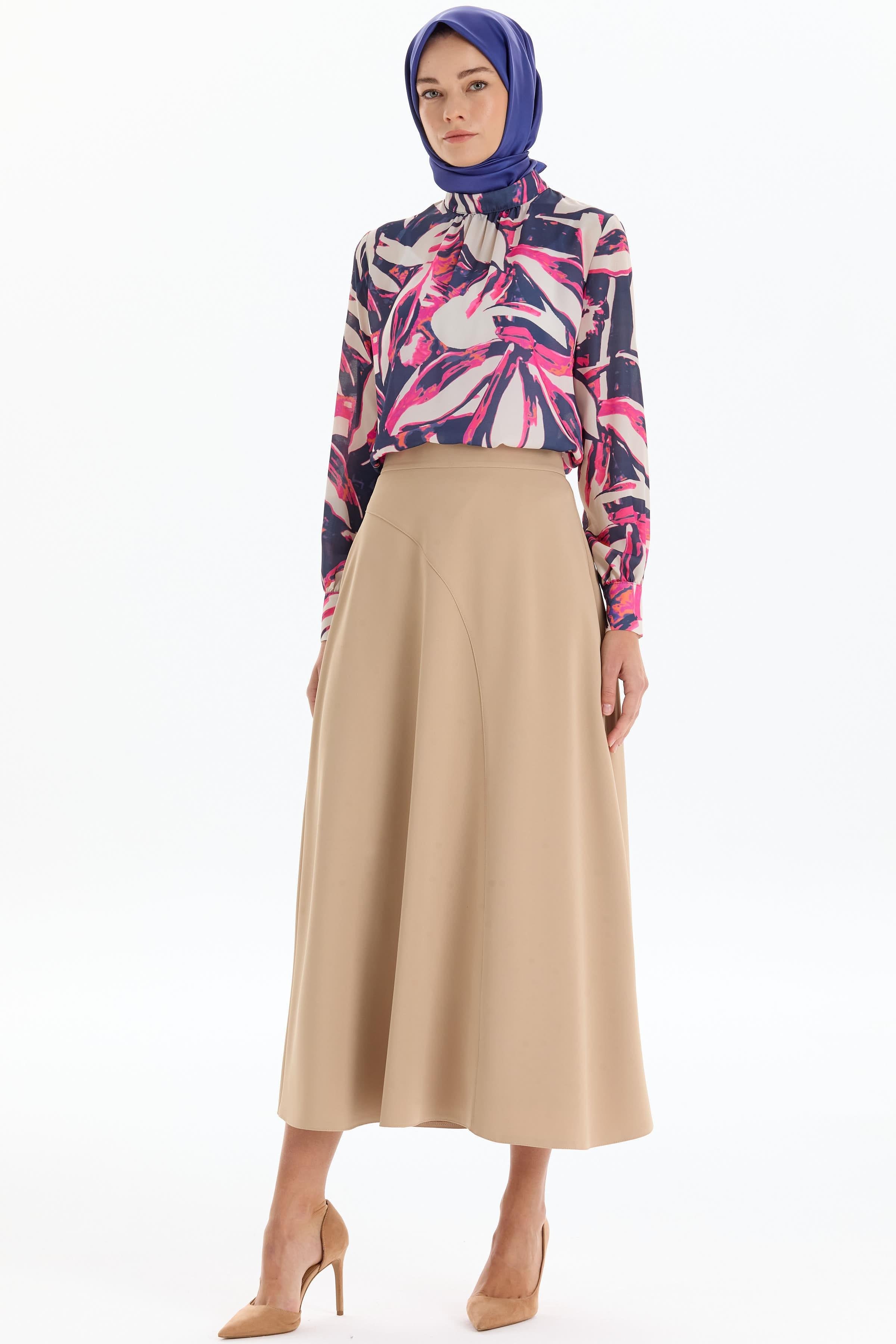 Kesik Detaylı Godeli Etek - Bej TUGBA