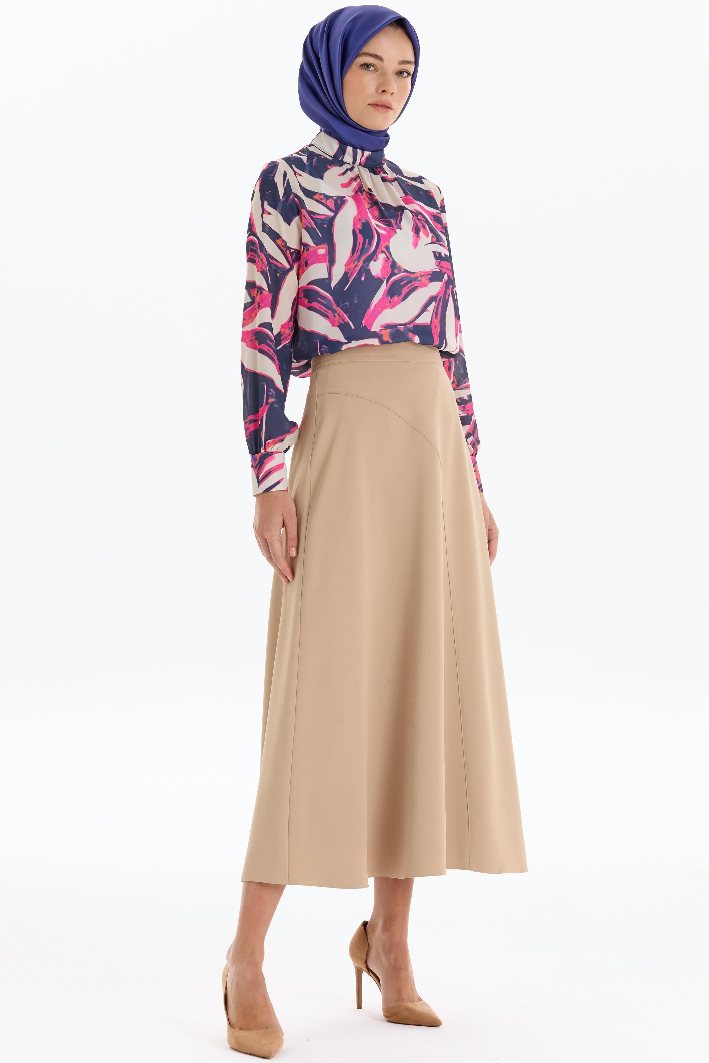 Kesik Detaylı Godeli Etek - Bej TUGBA