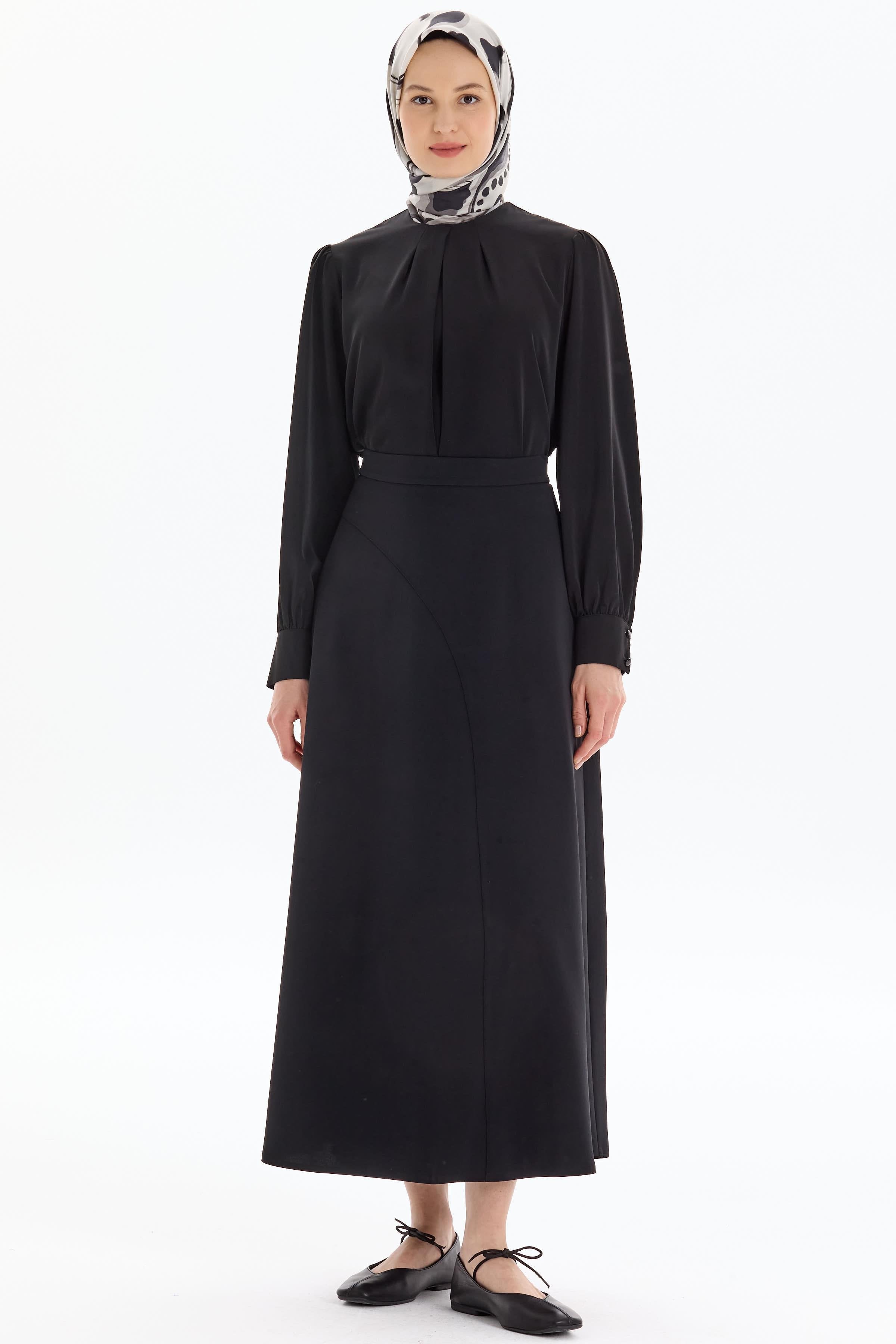 Kesik Detaylı Godeli Etek - Siyah TUGBA