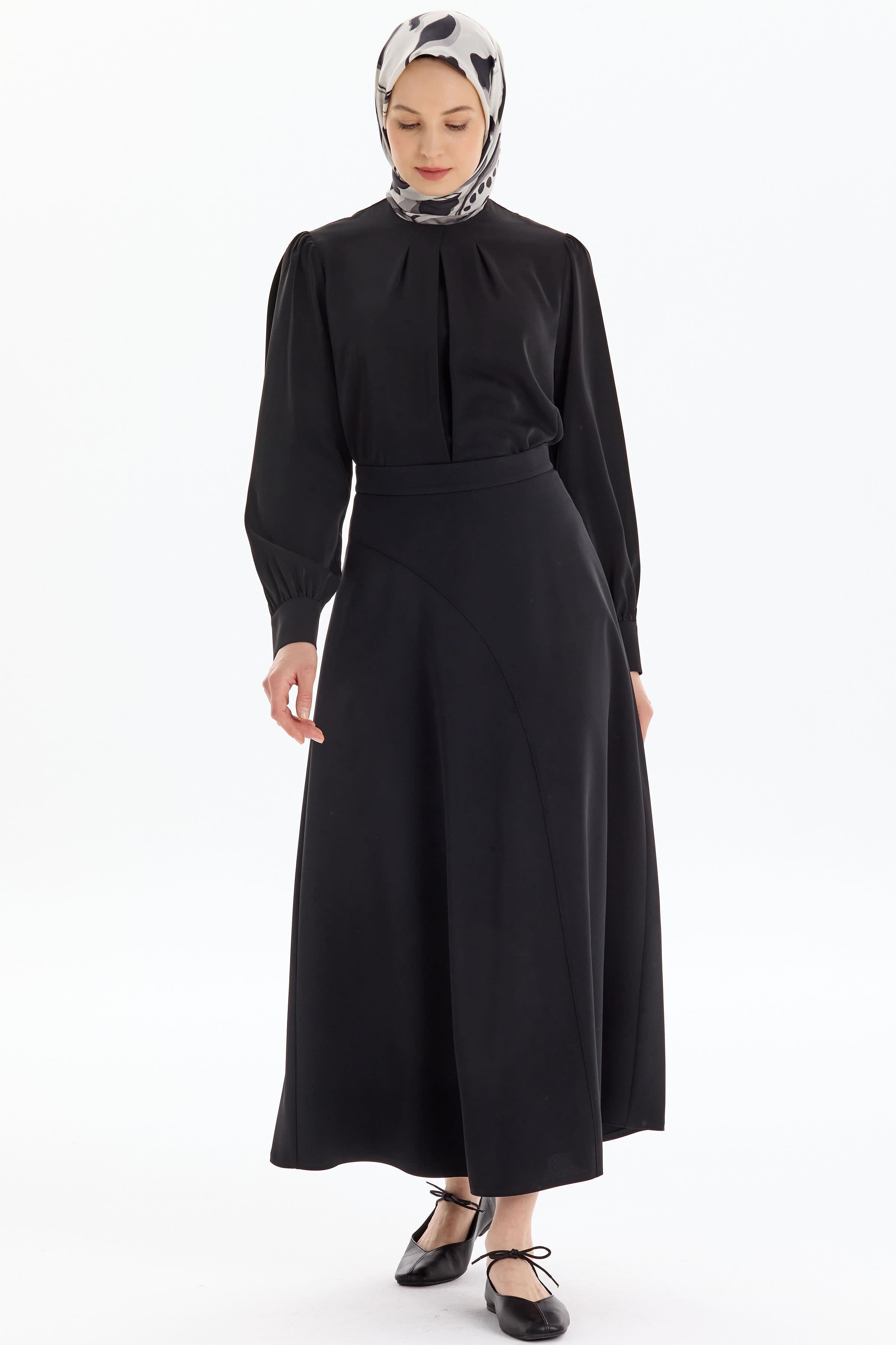 Kesik Detaylı Godeli Etek - Siyah TUGBA