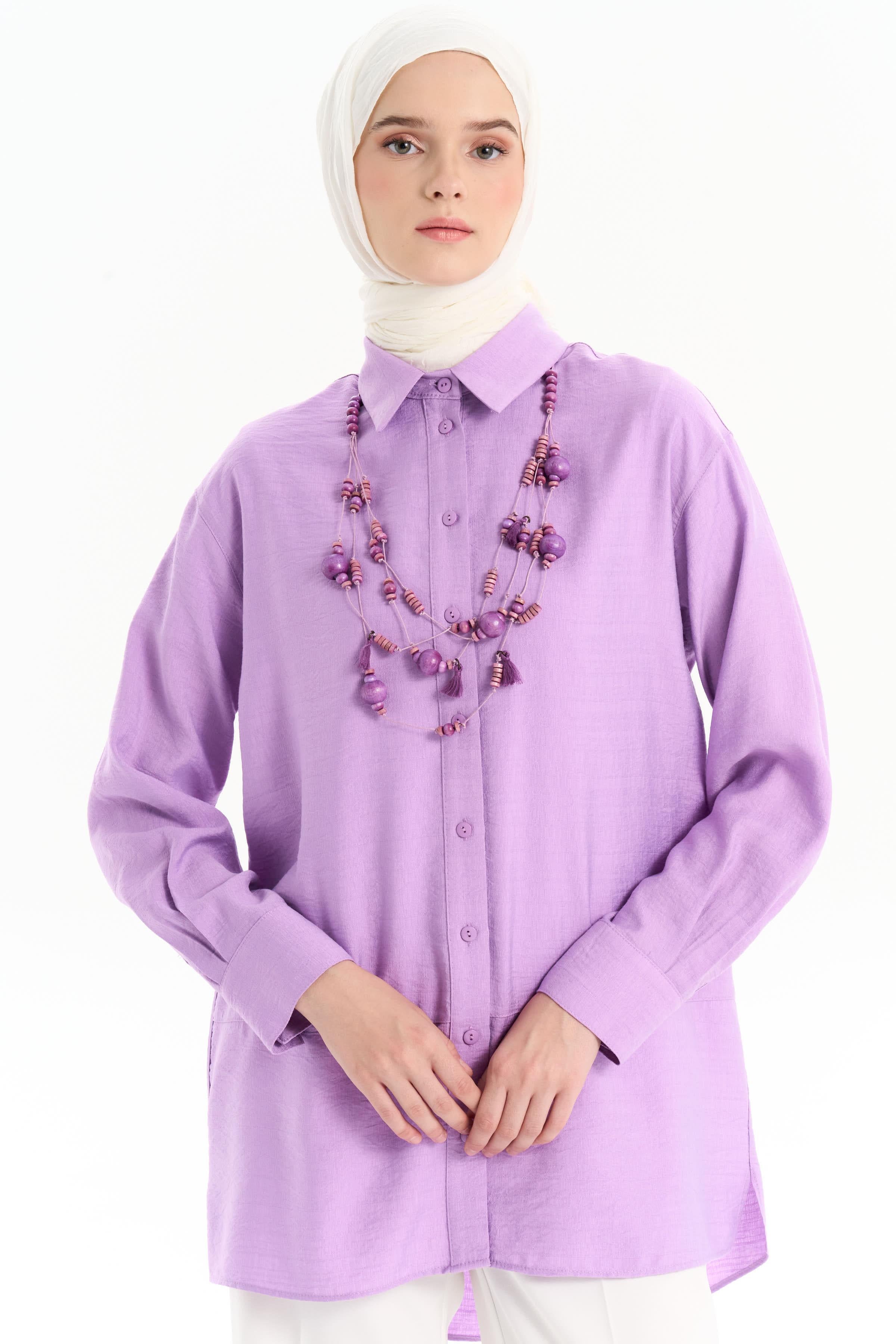 Kesik Detaylı Kolyeli Gömlek - Lila TUGBA