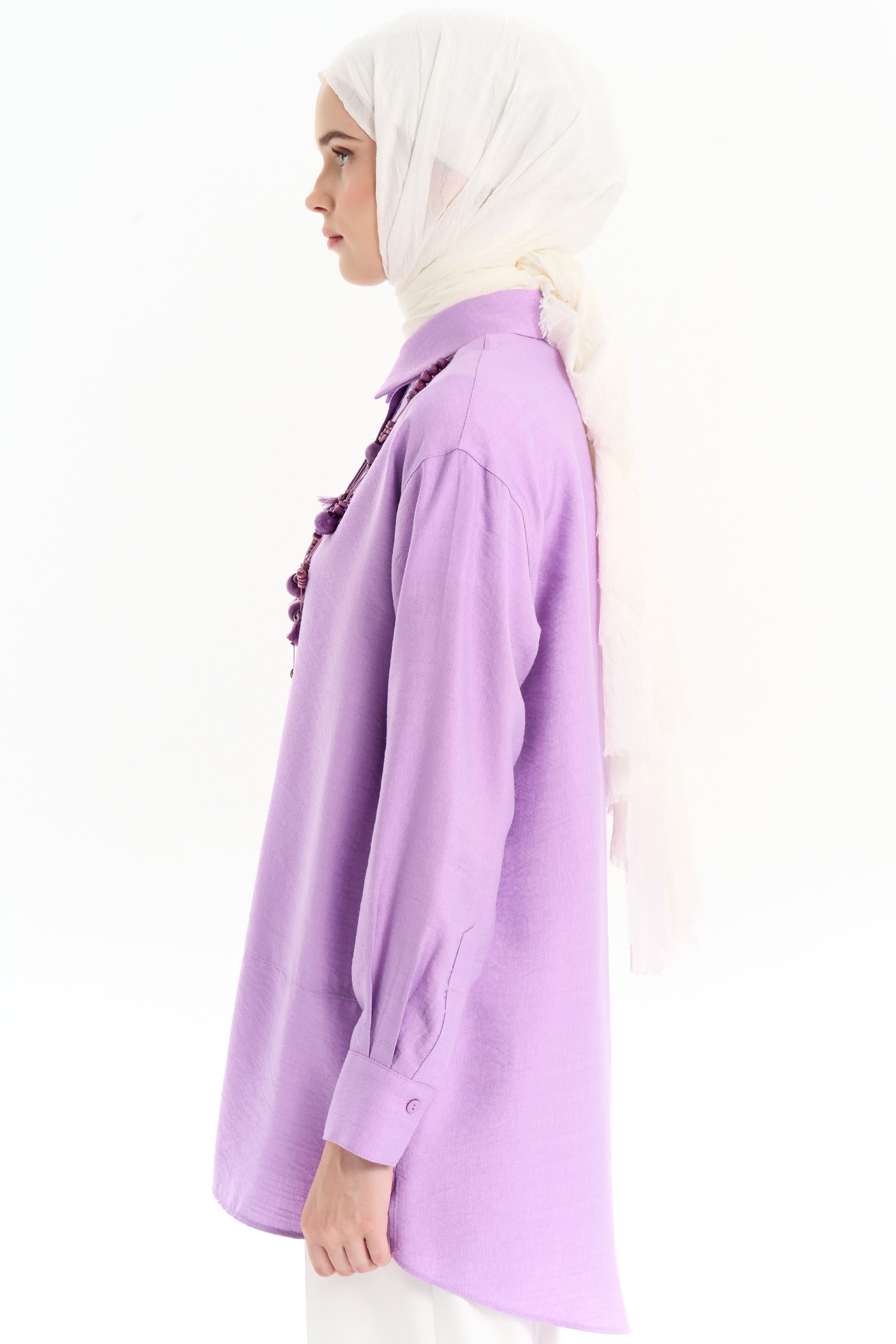 Kesik Detaylı Kolyeli Gömlek - Lila TUGBA