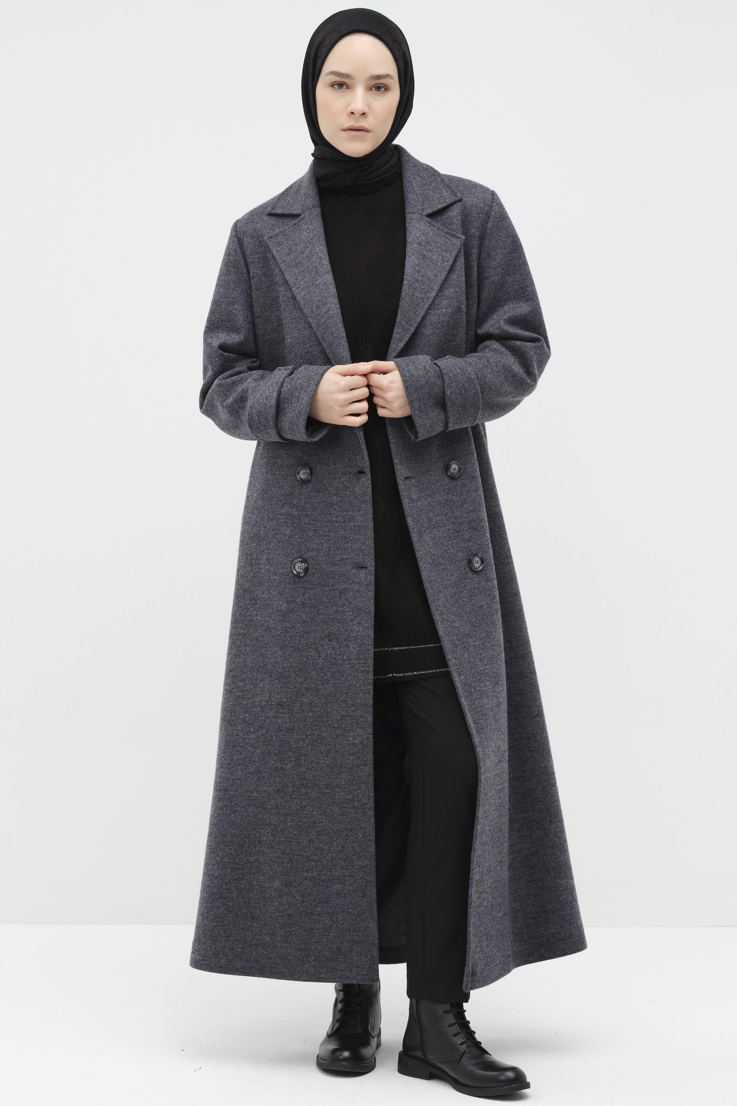 Kol Bant Detaylı Keçe Kaban - Füme TUGBA