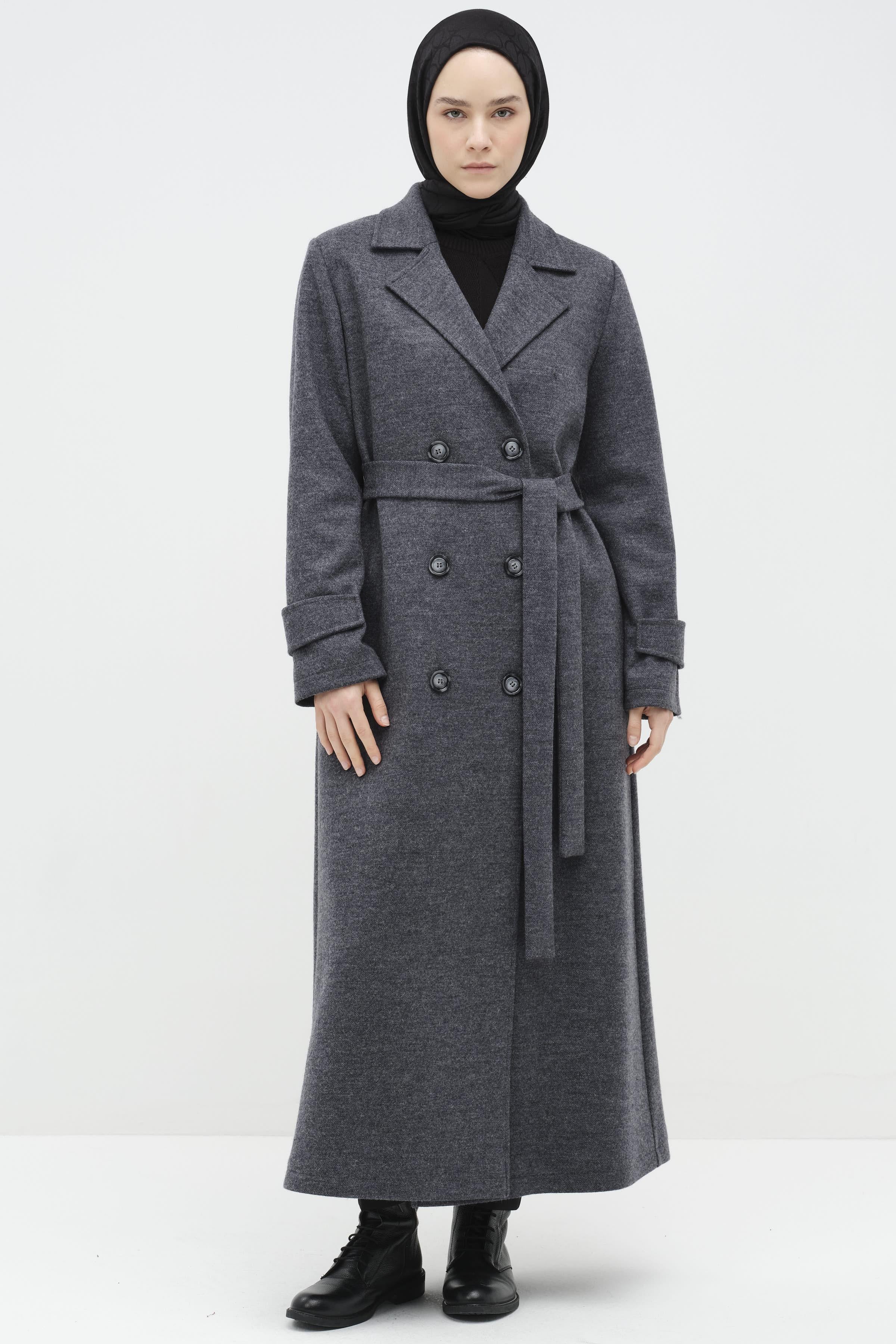 Kol Bant Detaylı Keçe Kaban - Füme TUGBA