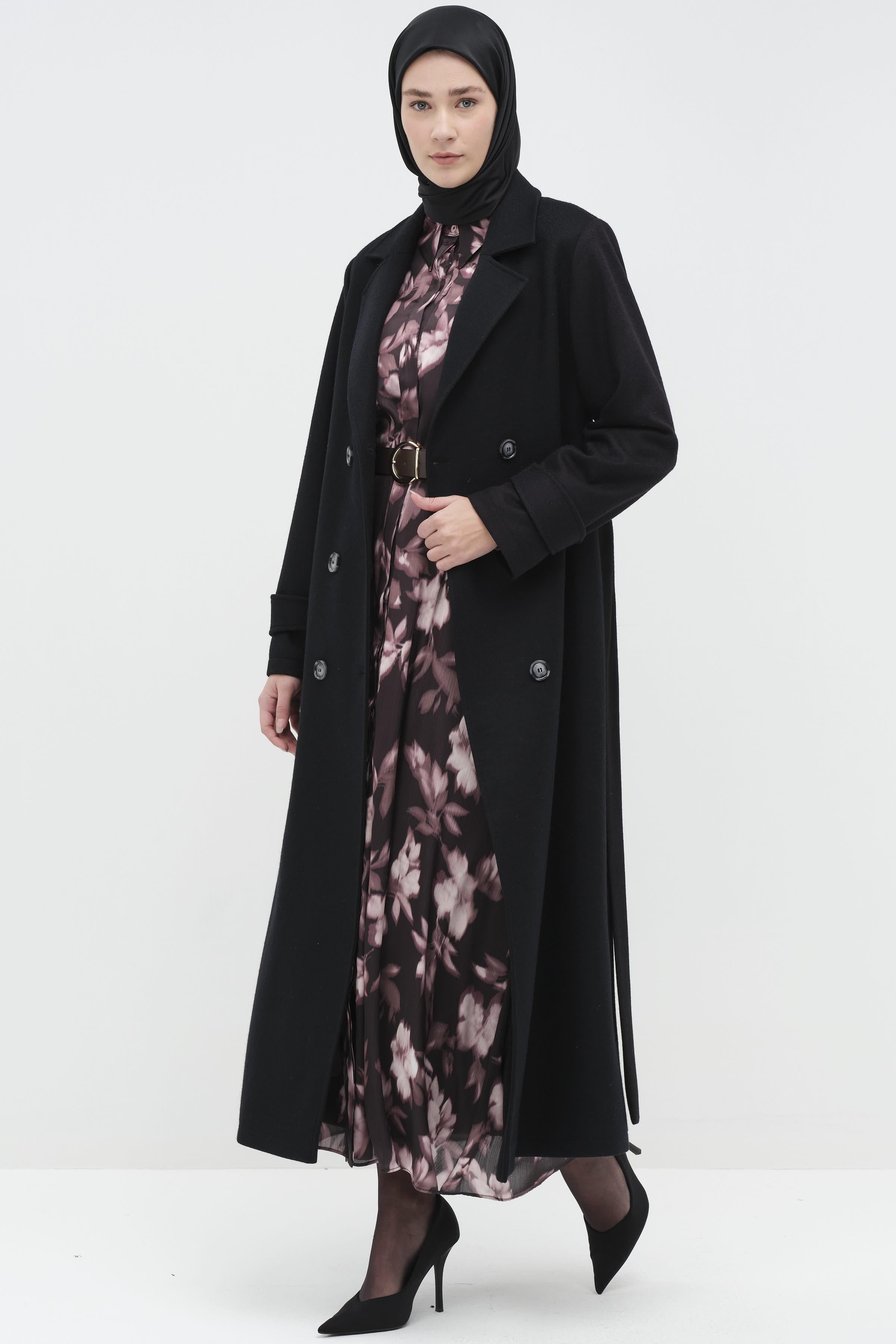 Kol Bant Detaylı Keçe Kaban - Siyah TUGBA