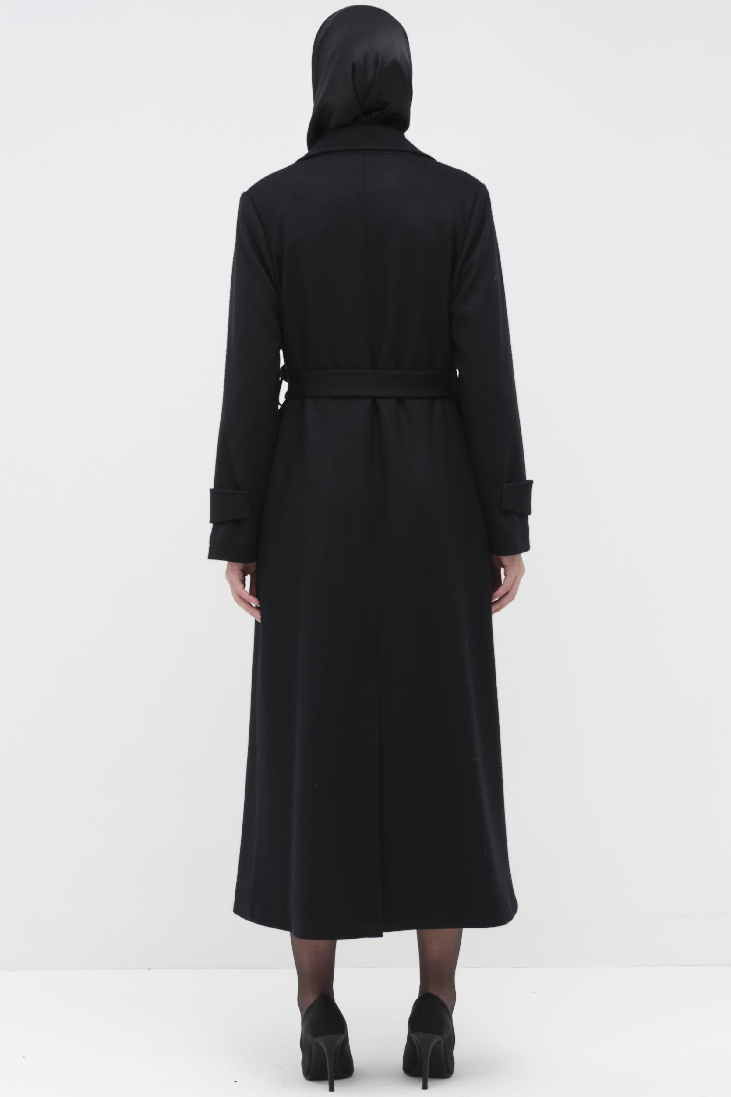 Kol Bant Detaylı Keçe Kaban - Siyah TUGBA