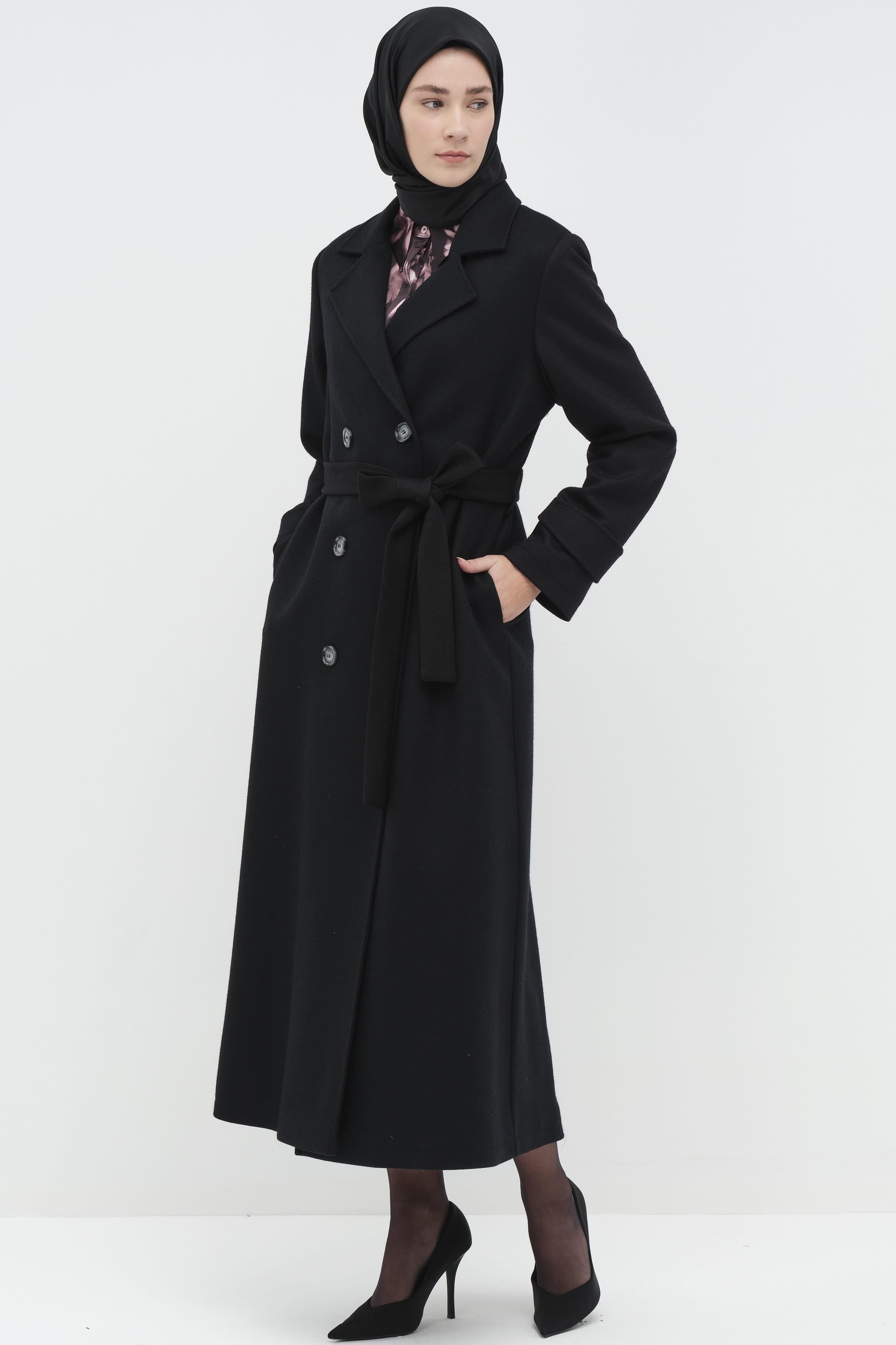 Kol Bant Detaylı Keçe Kaban - Siyah TUGBA