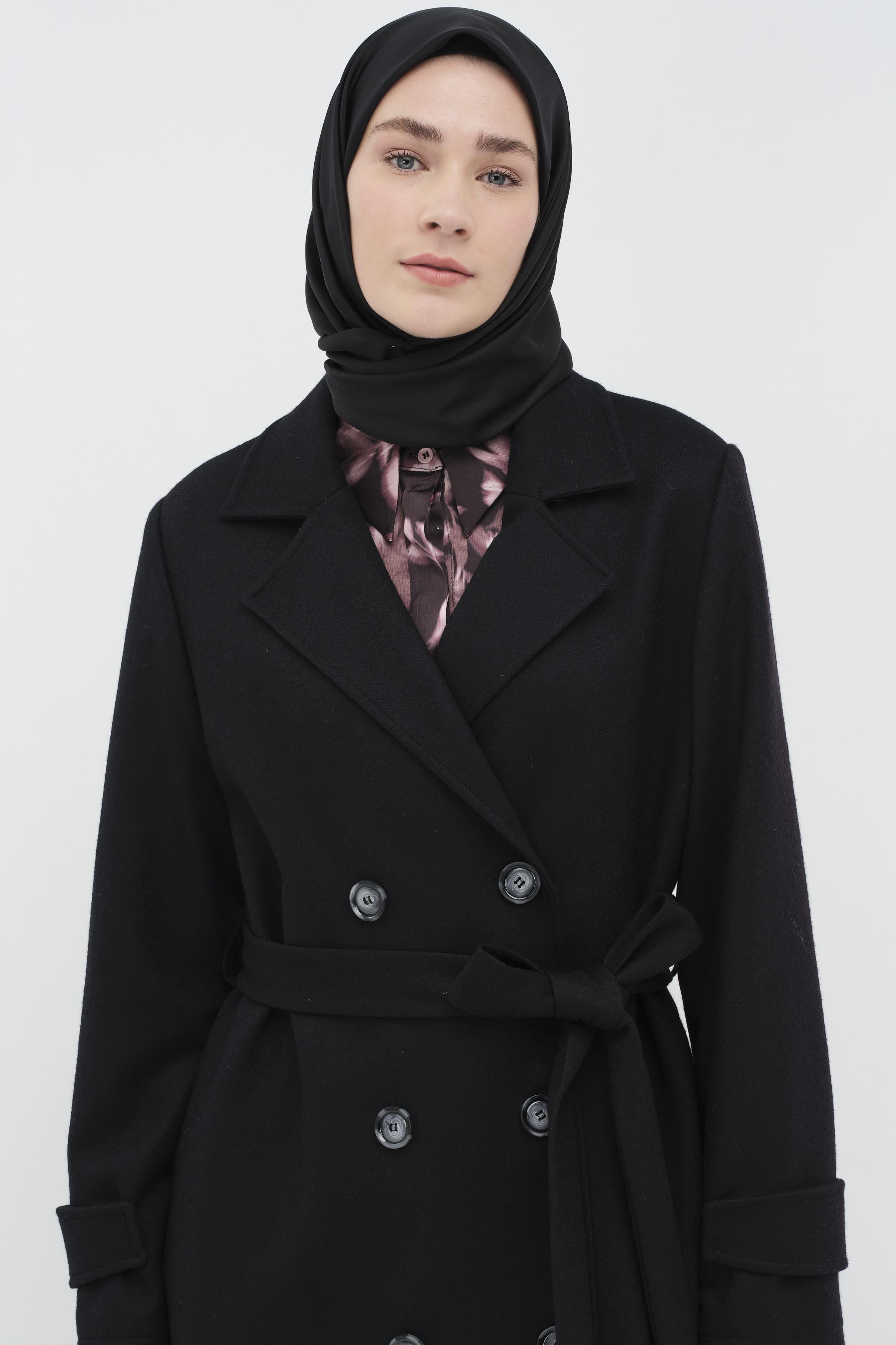 Kol Bant Detaylı Keçe Kaban - Siyah TUGBA