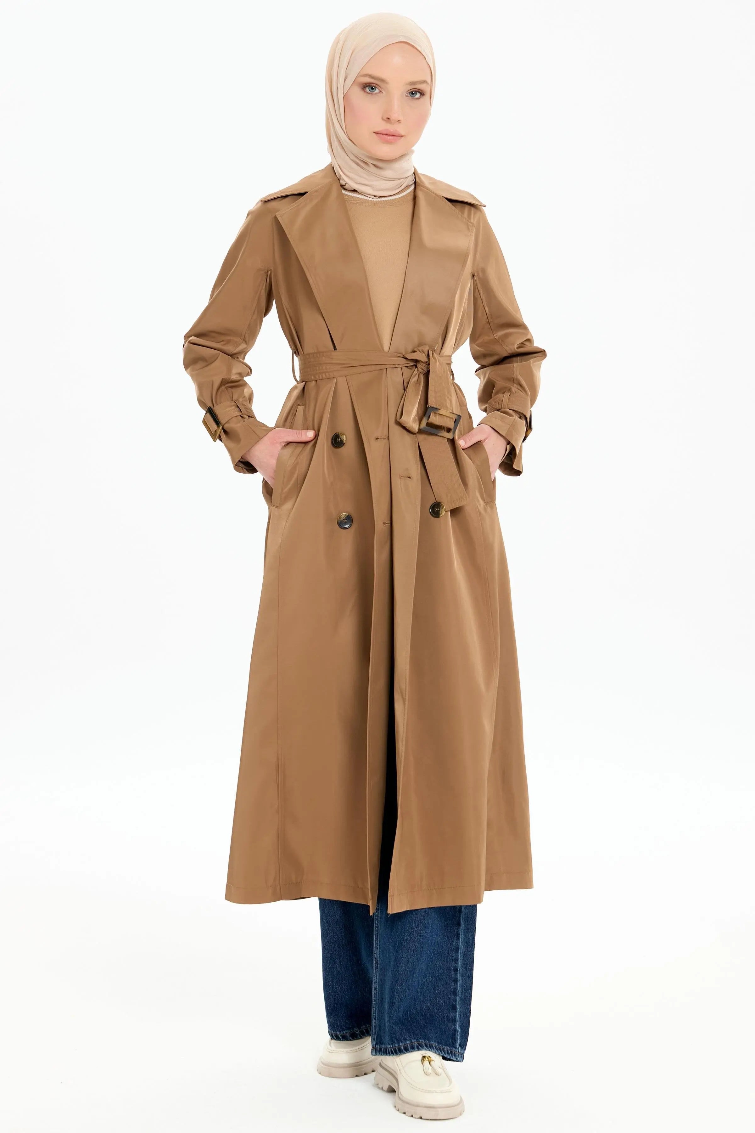 Kol Bantlı Kruvaze Düğmeli Trenç - Vizon TUGBA