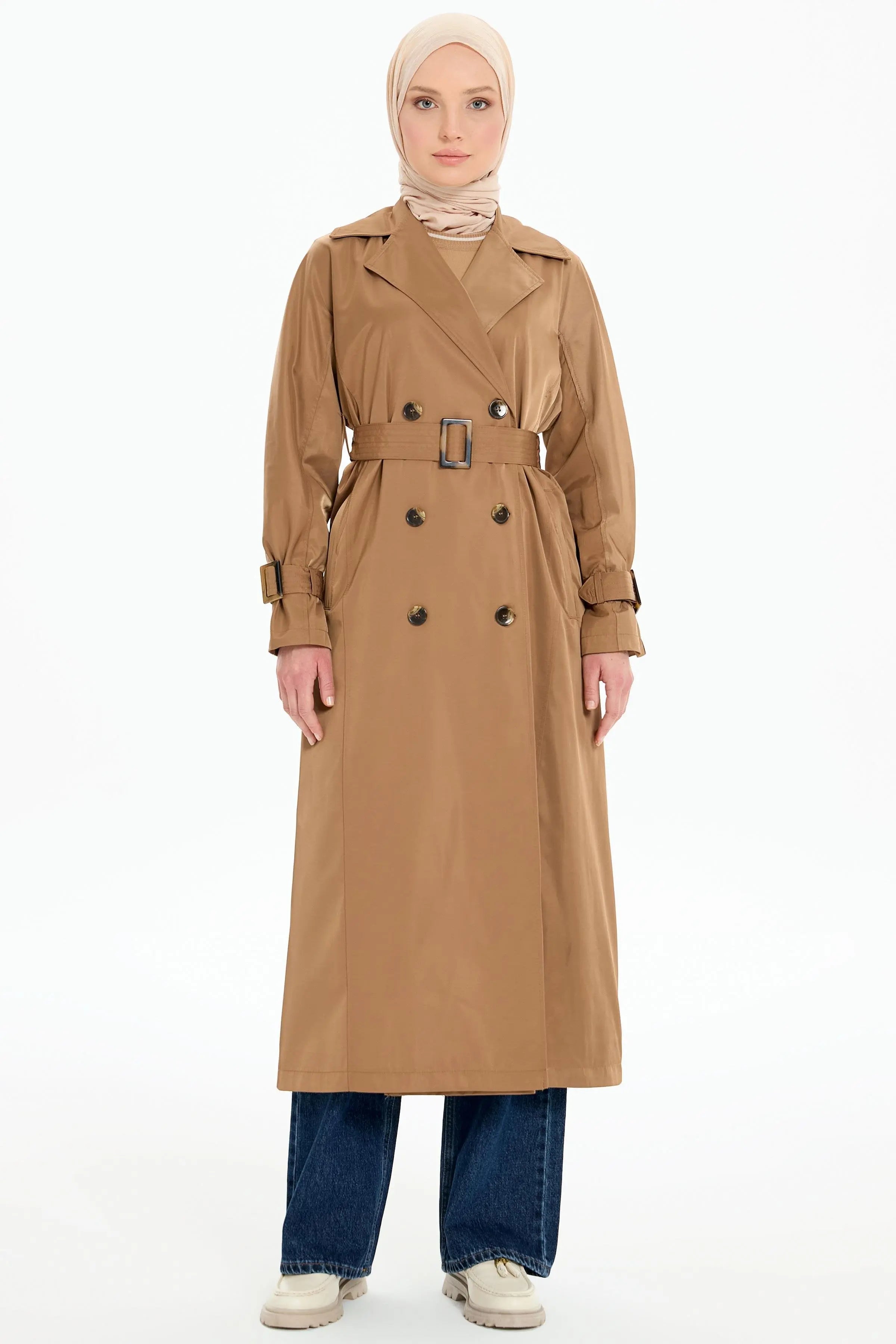 Kol Bantlı Kruvaze Düğmeli Trenç - Vizon TUGBA