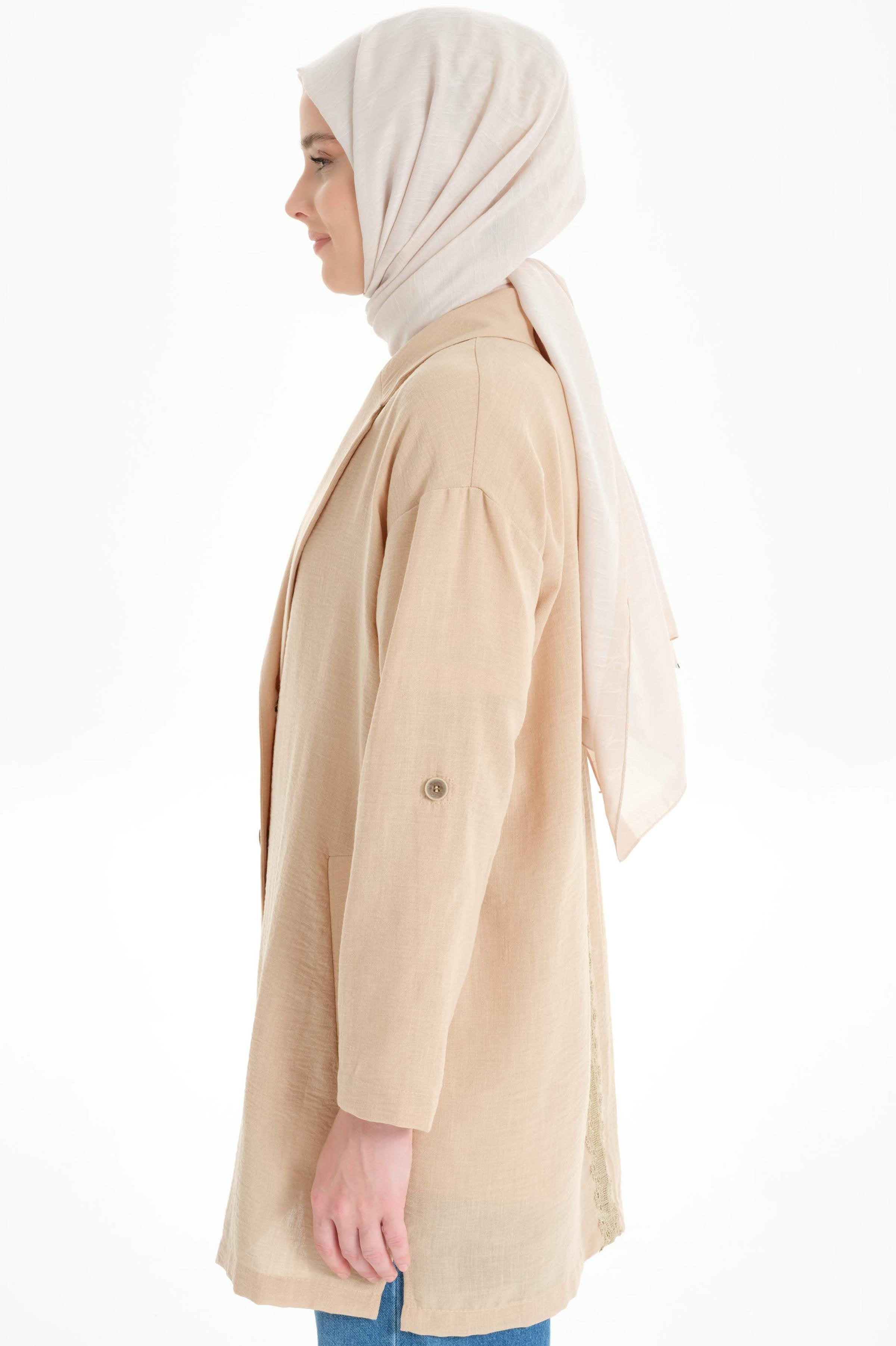 Kol Bantlı Sırt Dantel Detaylı Ceket - Camel TUGBA