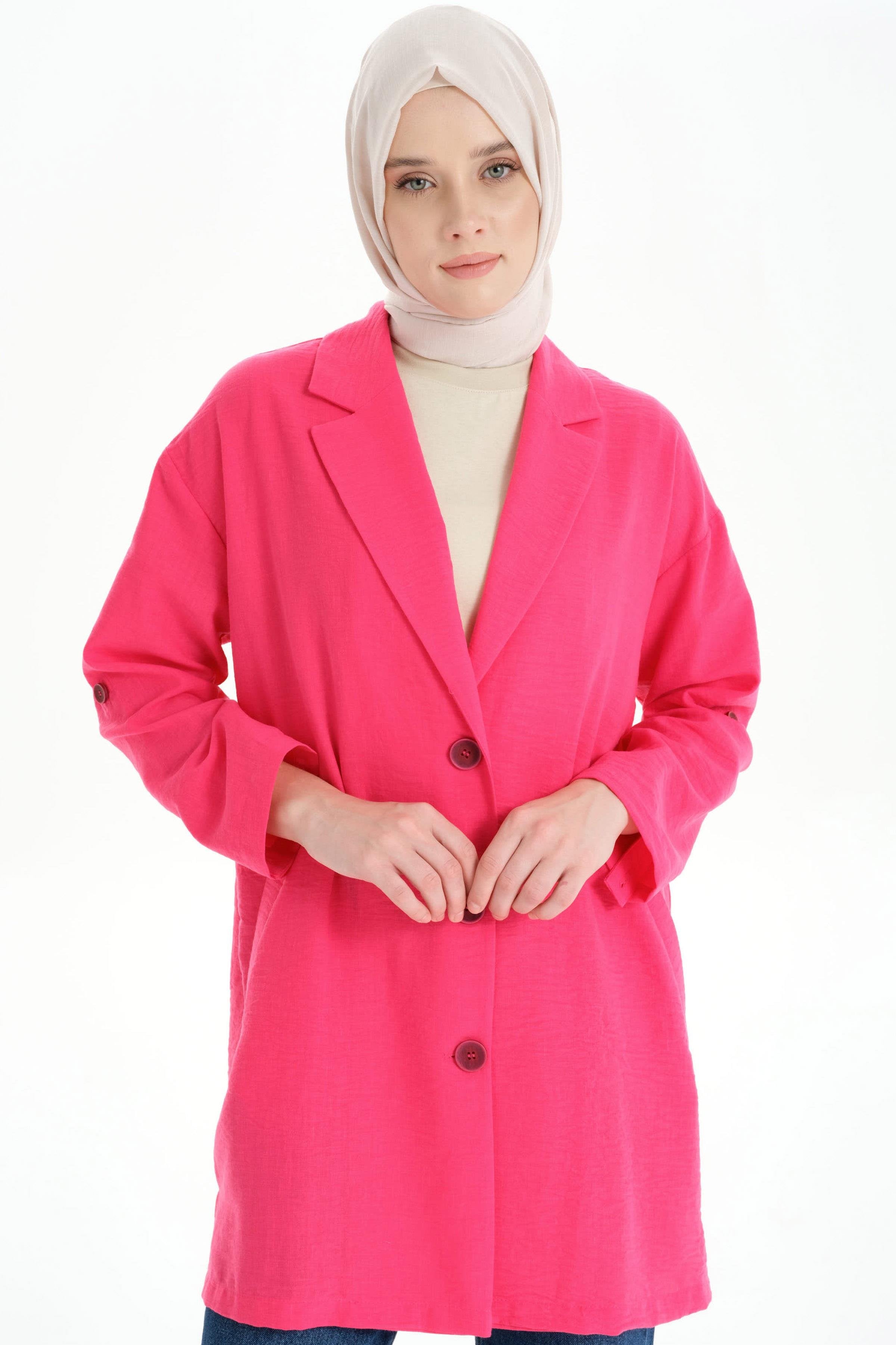 Kol Bantlı Sırt Dantel Detaylı Ceket - Fuşya TUGBA