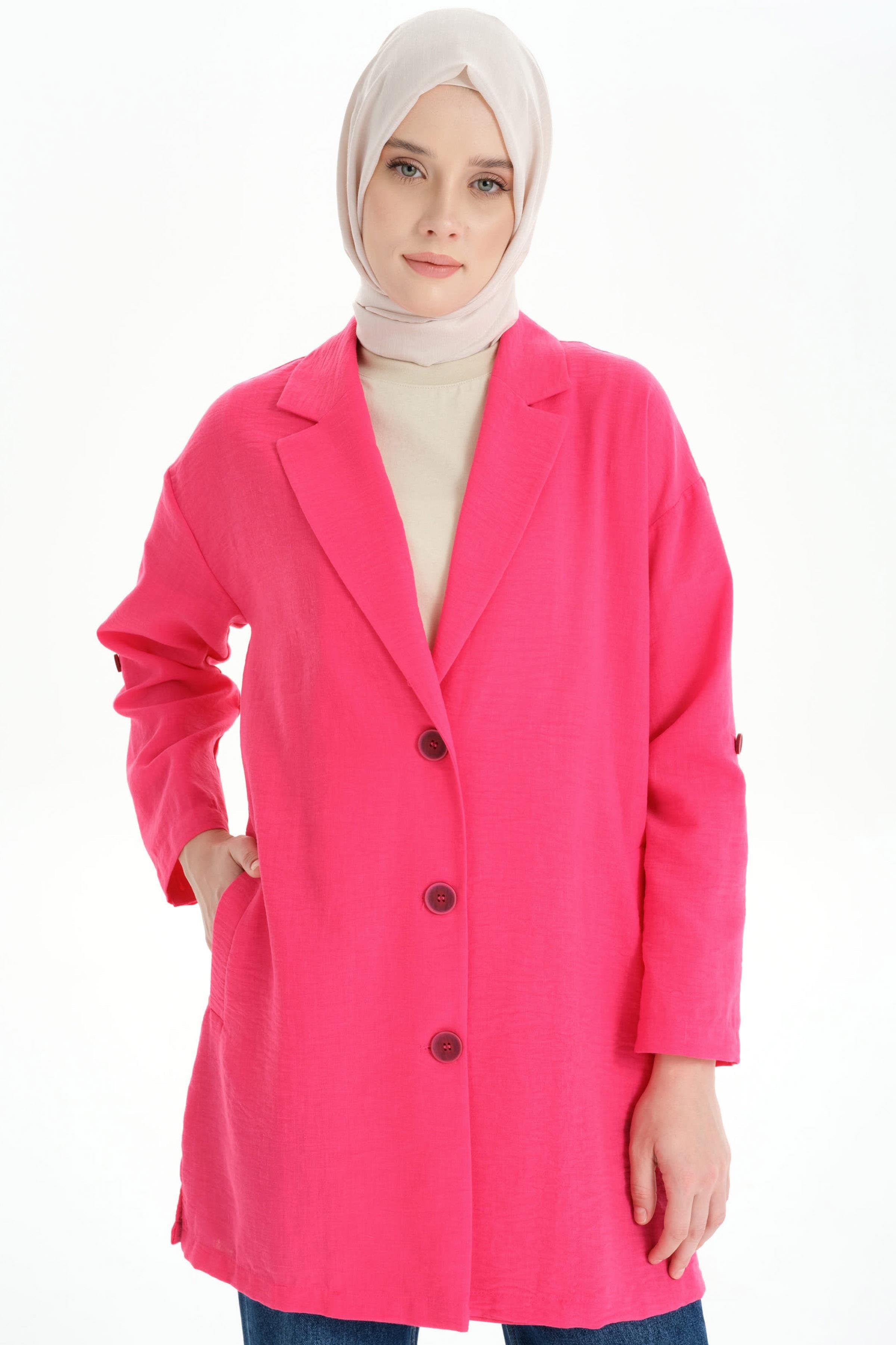 Kol Bantlı Sırt Dantel Detaylı Ceket - Fuşya TUGBA