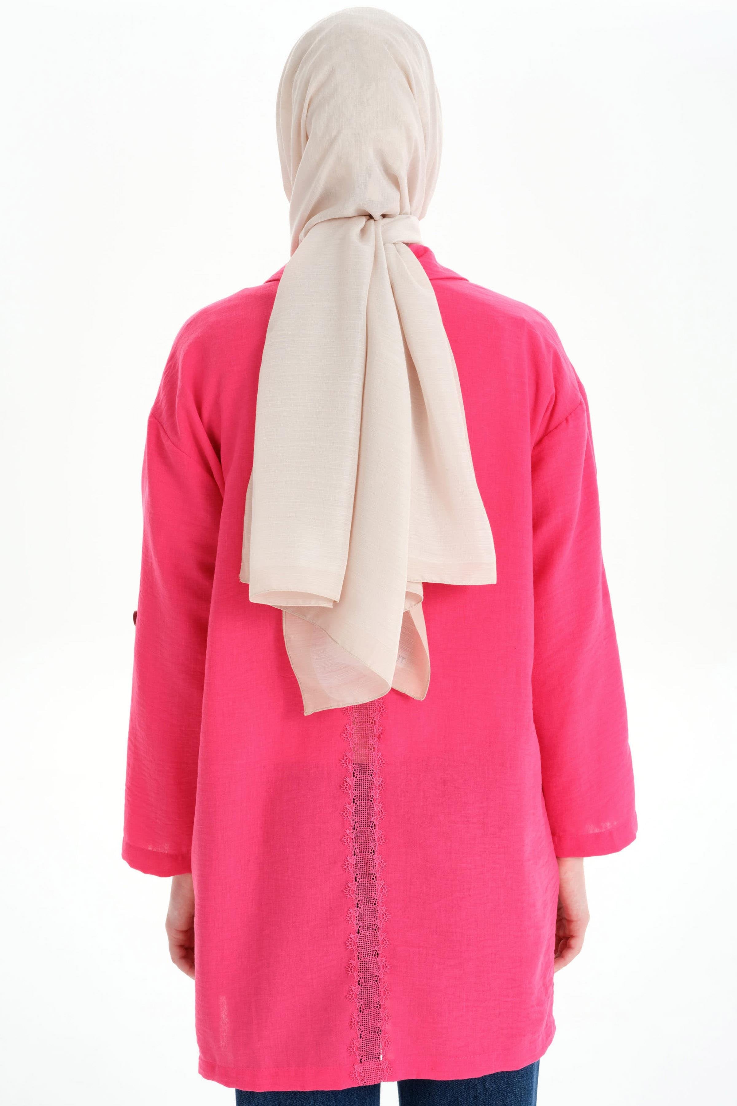 Kol Bantlı Sırt Dantel Detaylı Ceket - Fuşya TUĞBA
