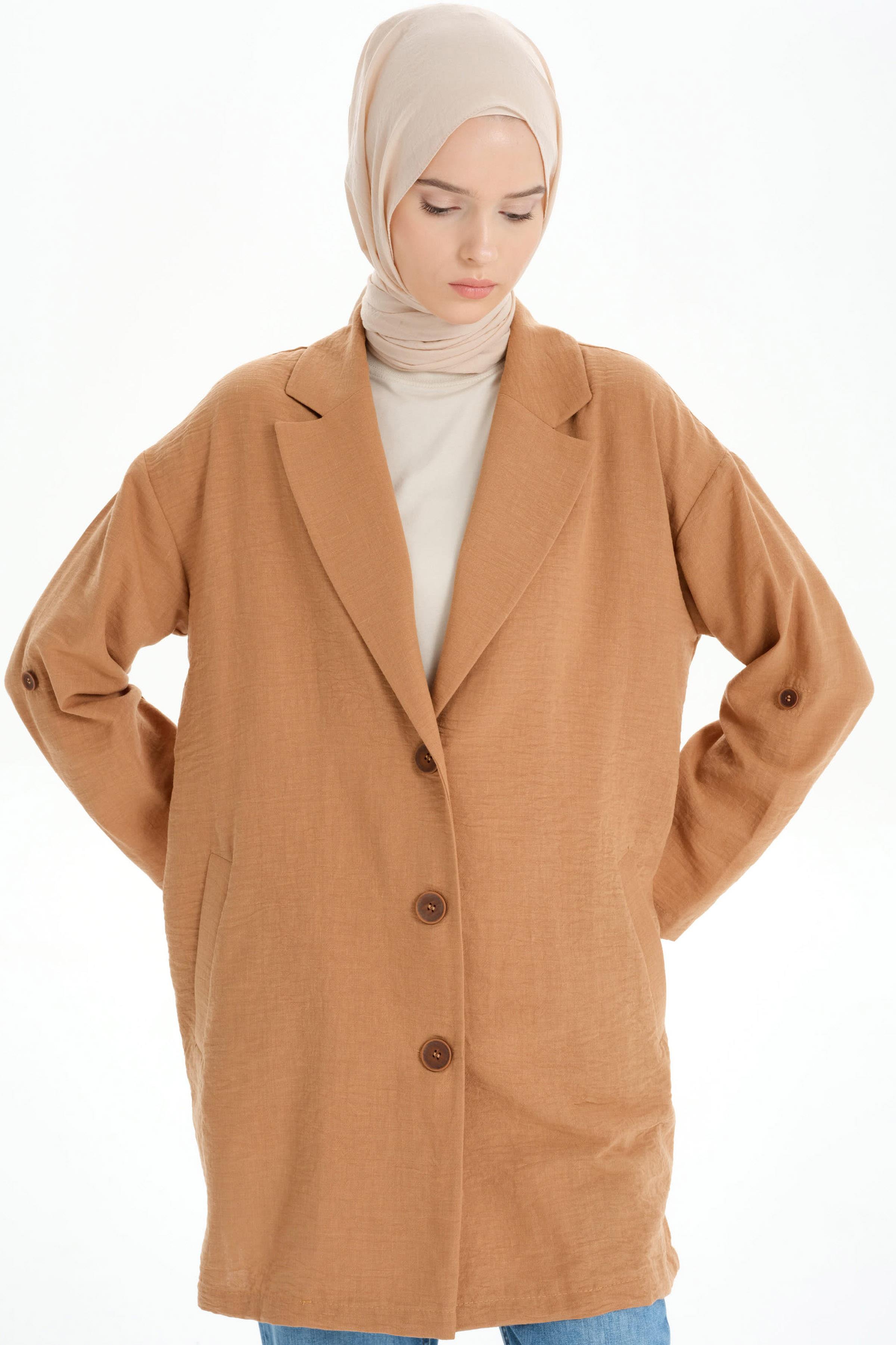 Kol Bantlı Sırt Dantel Detaylı Ceket - Taba TUGBA