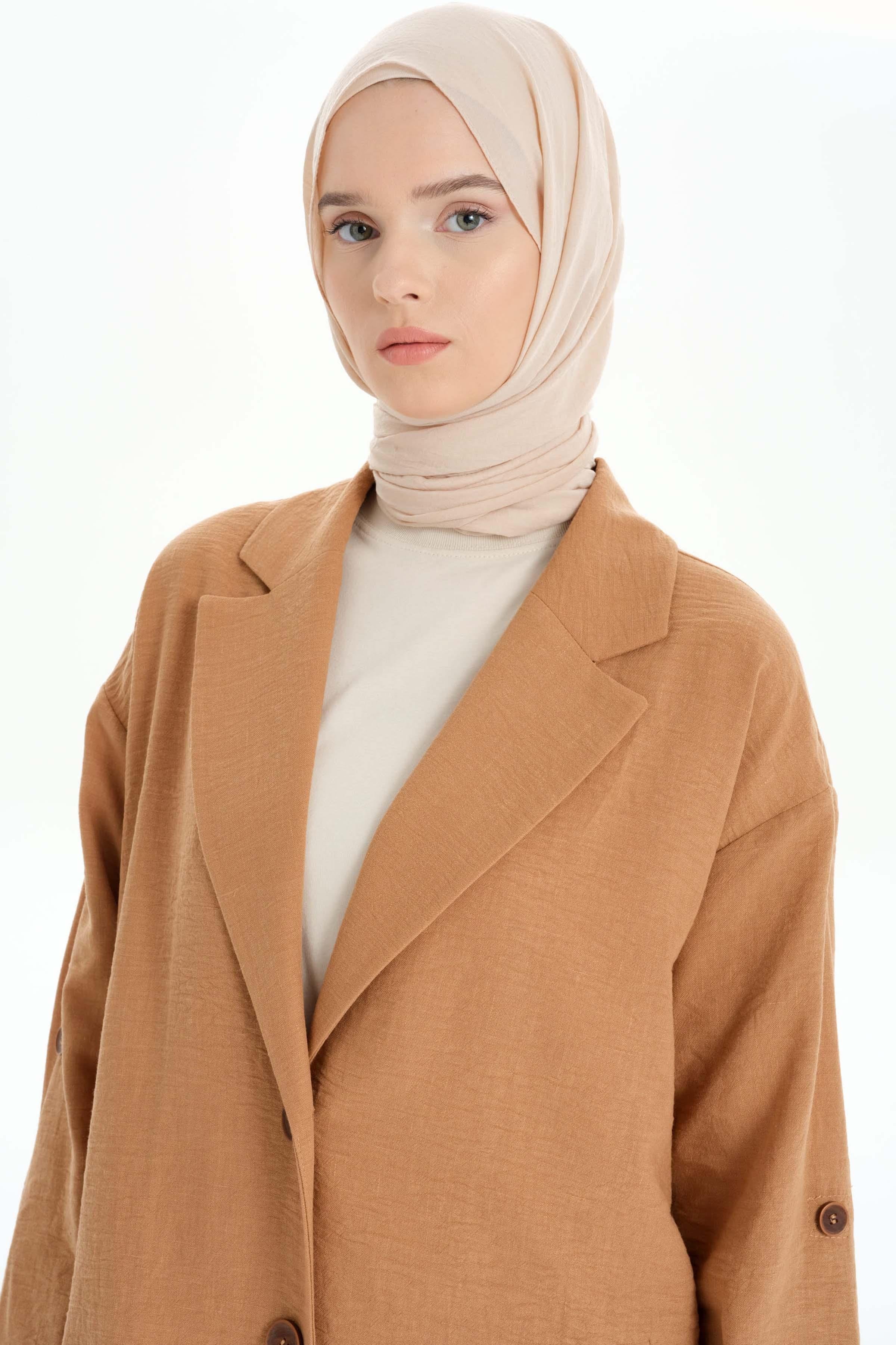 Kol Bantlı Sırt Dantel Detaylı Ceket - Taba TUGBA