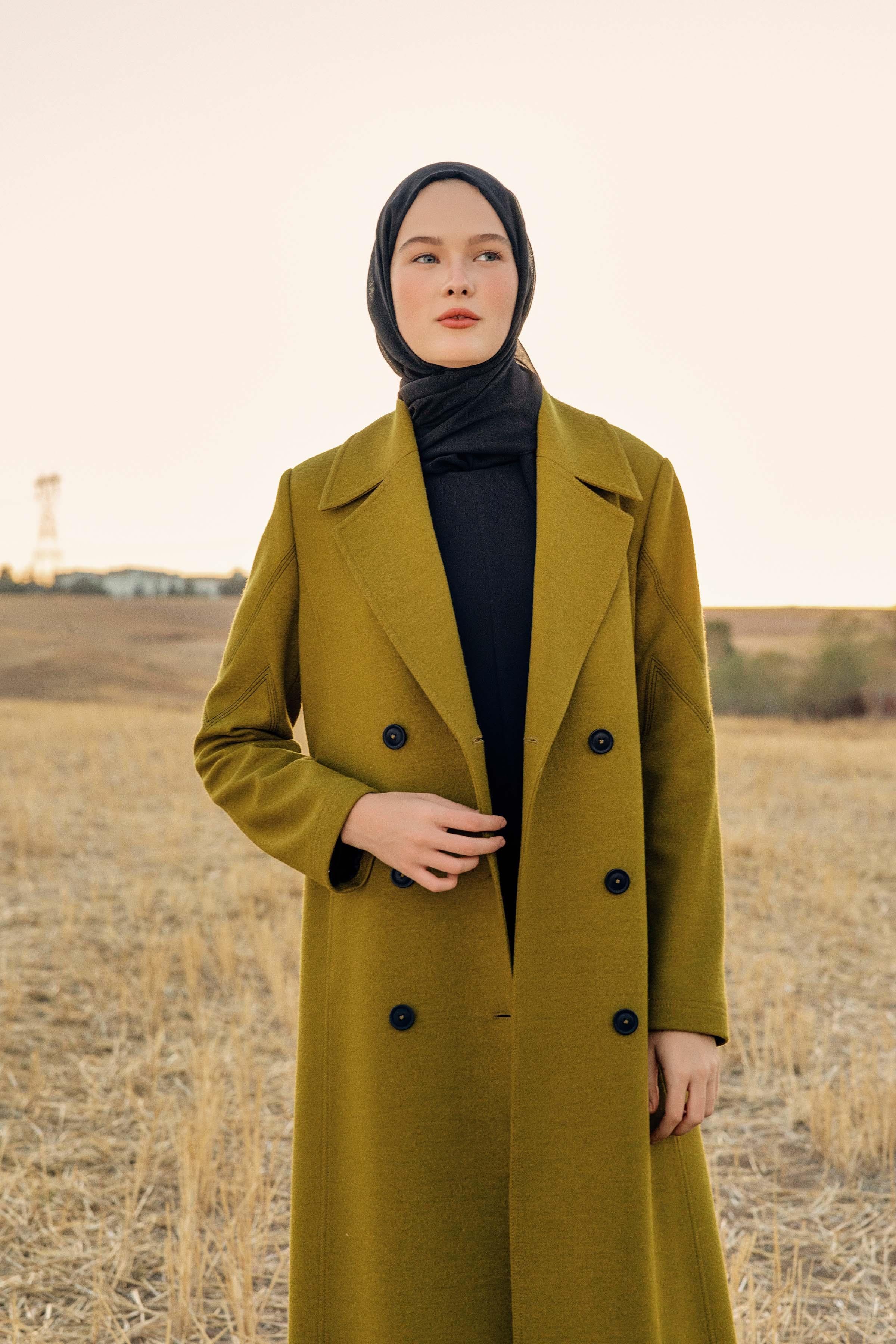 Kol Kesik Dikiş Detaylı Kruvaze Keçe Manto - Olive TUGBA