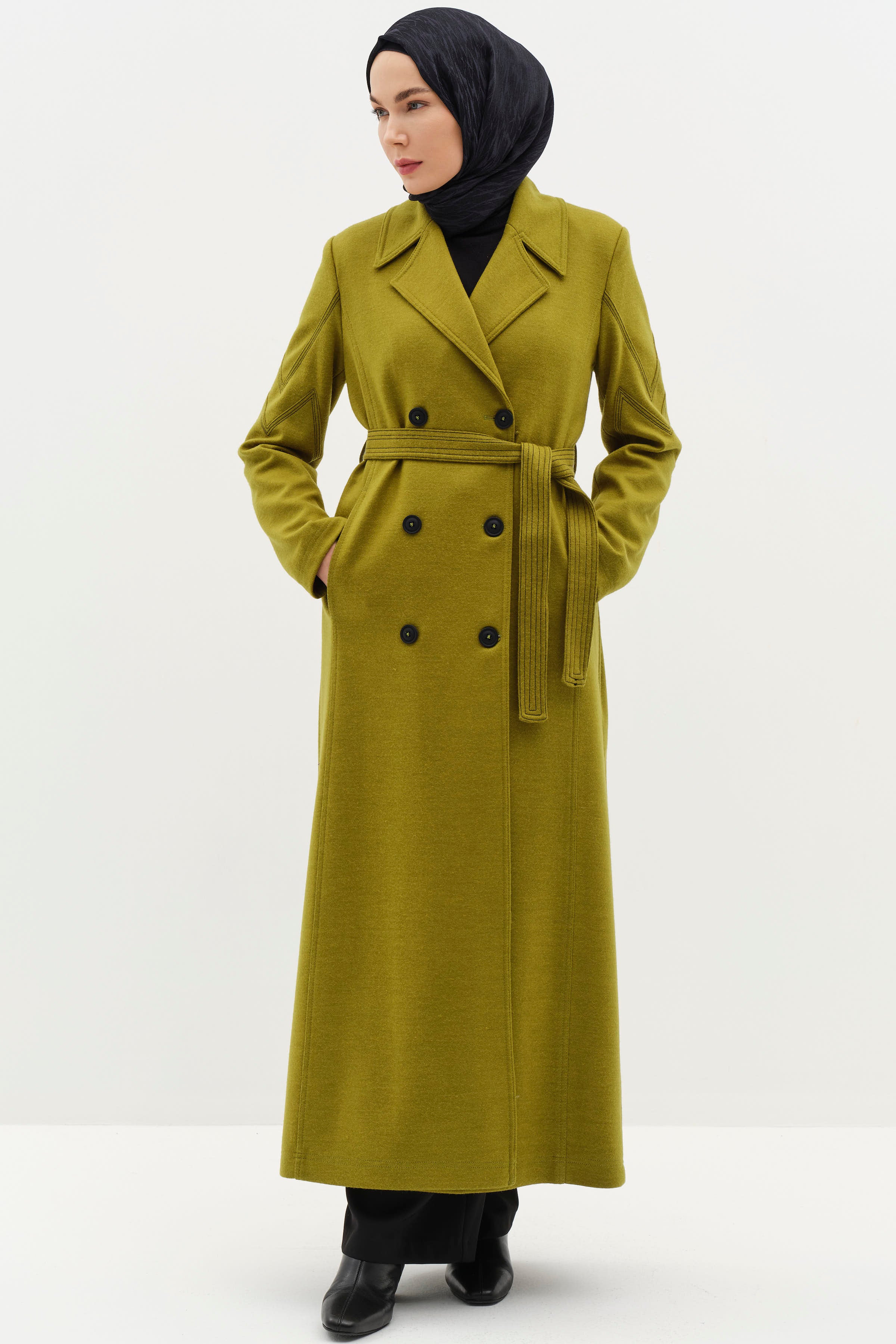 Kol Kesik Dikiş Detaylı Kruvaze Keçe Manto - Olive TUGBA