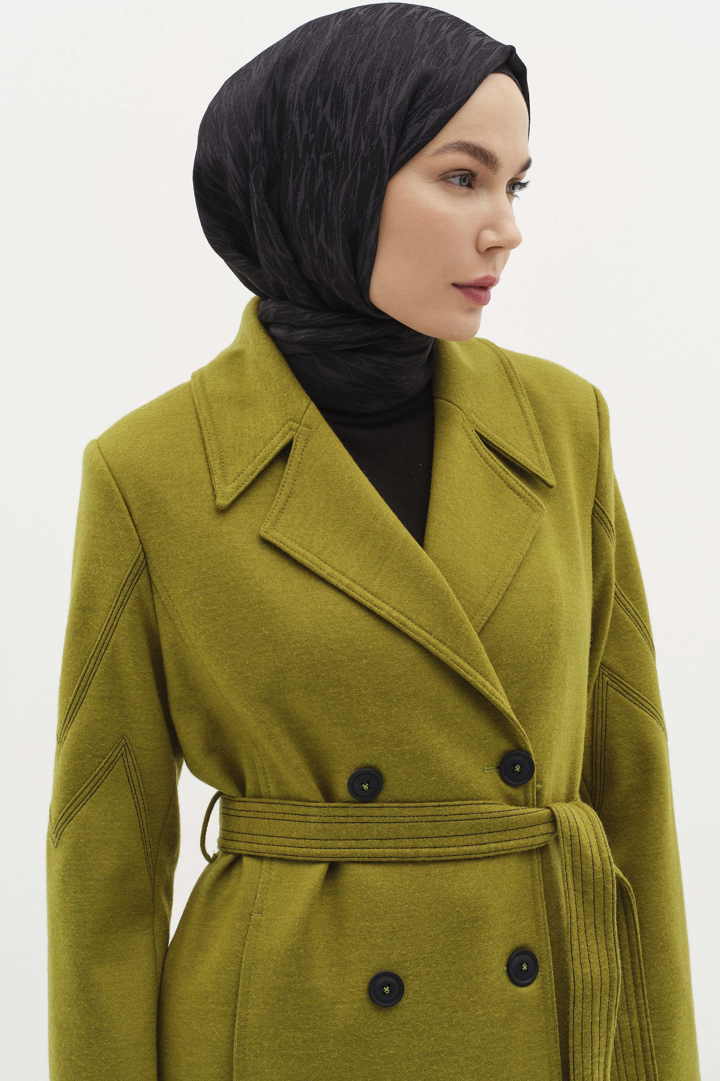 Kol Kesik Dikiş Detaylı Kruvaze Keçe Manto - Olive TUGBA