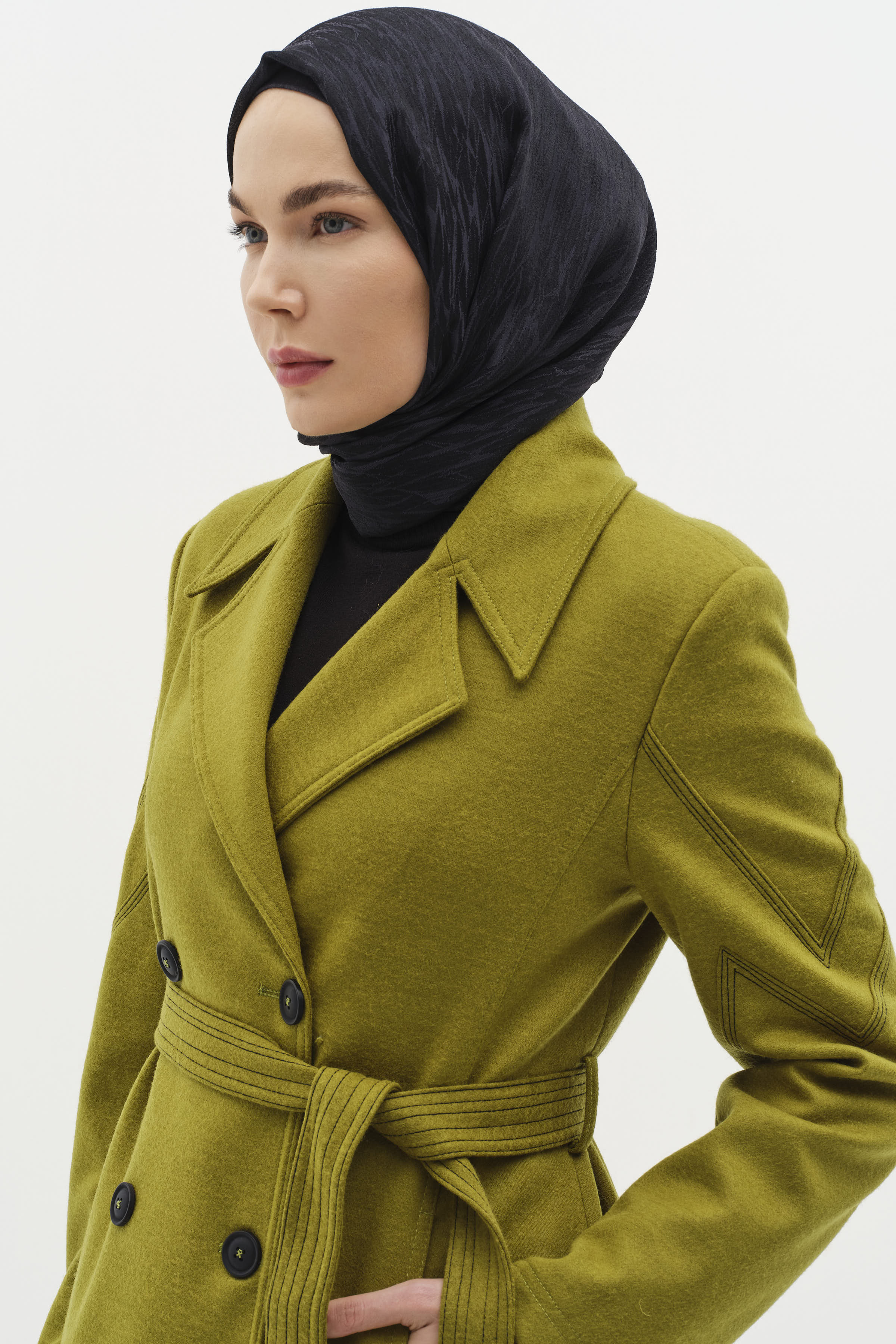 Kol Kesik Dikiş Detaylı Kruvaze Keçe Manto - Olive TUGBA