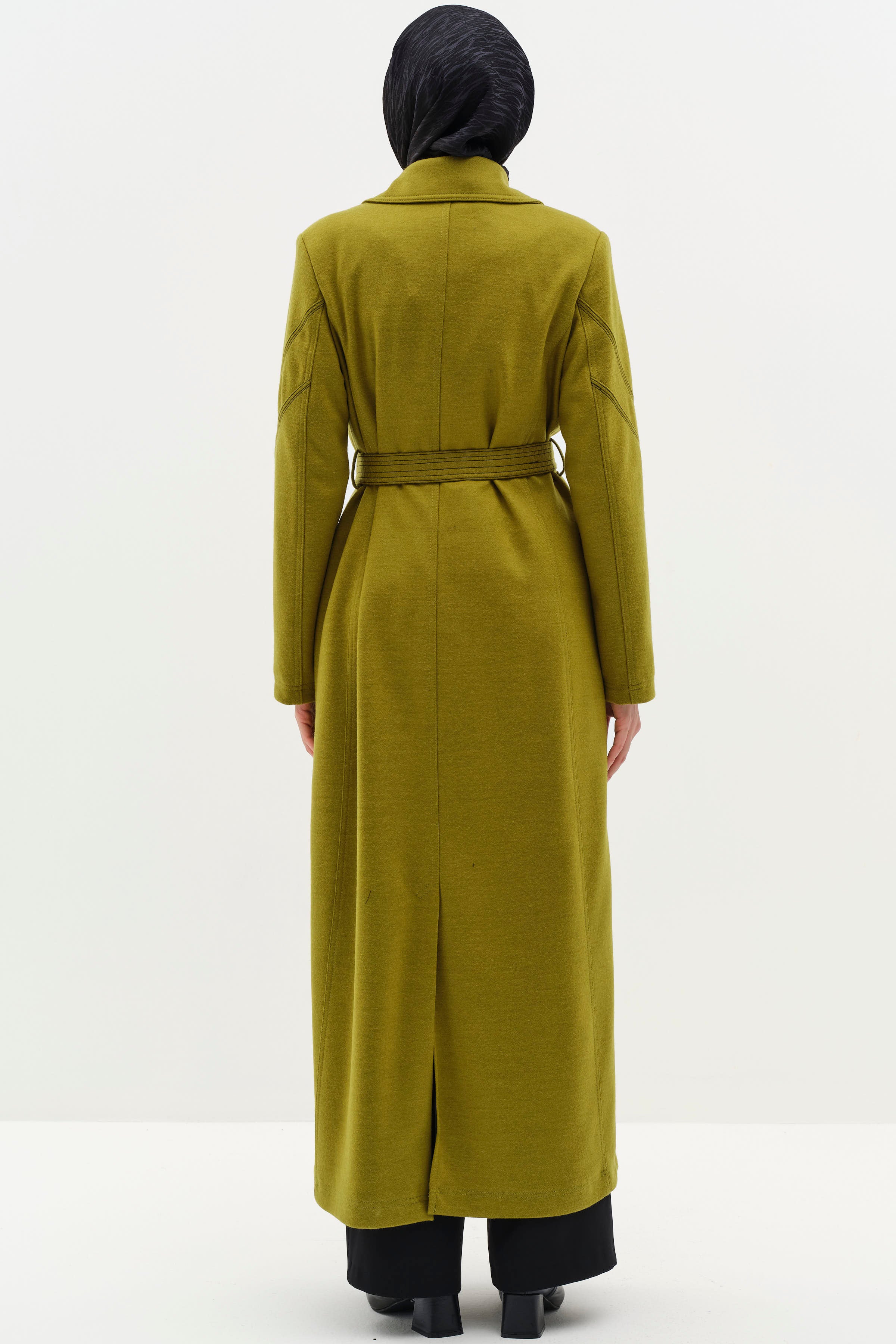 Kol Kesik Dikiş Detaylı Kruvaze Keçe Manto - Olive TUGBA