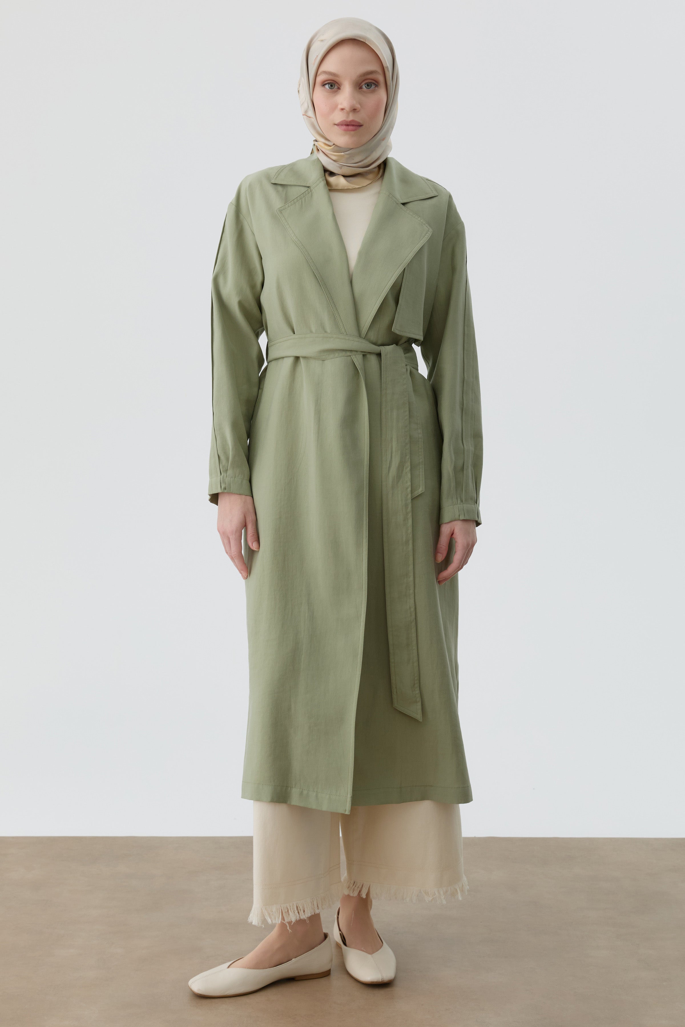 Kollar Pile Detaylı Trenç - Mint TUGBA