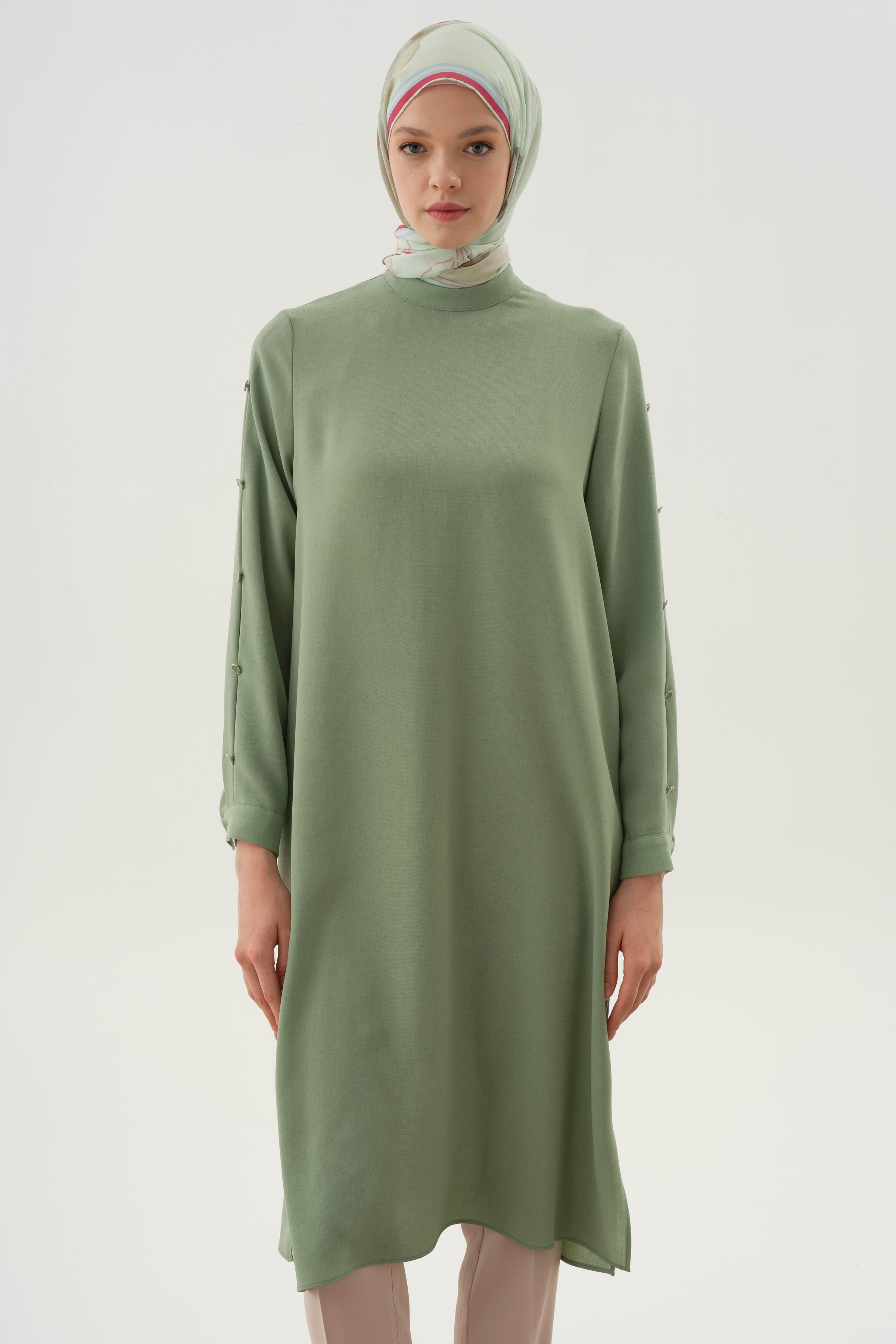 Kollar Plikaşe Düğme Detaylı Tunik - Su Yeşili TUGBA