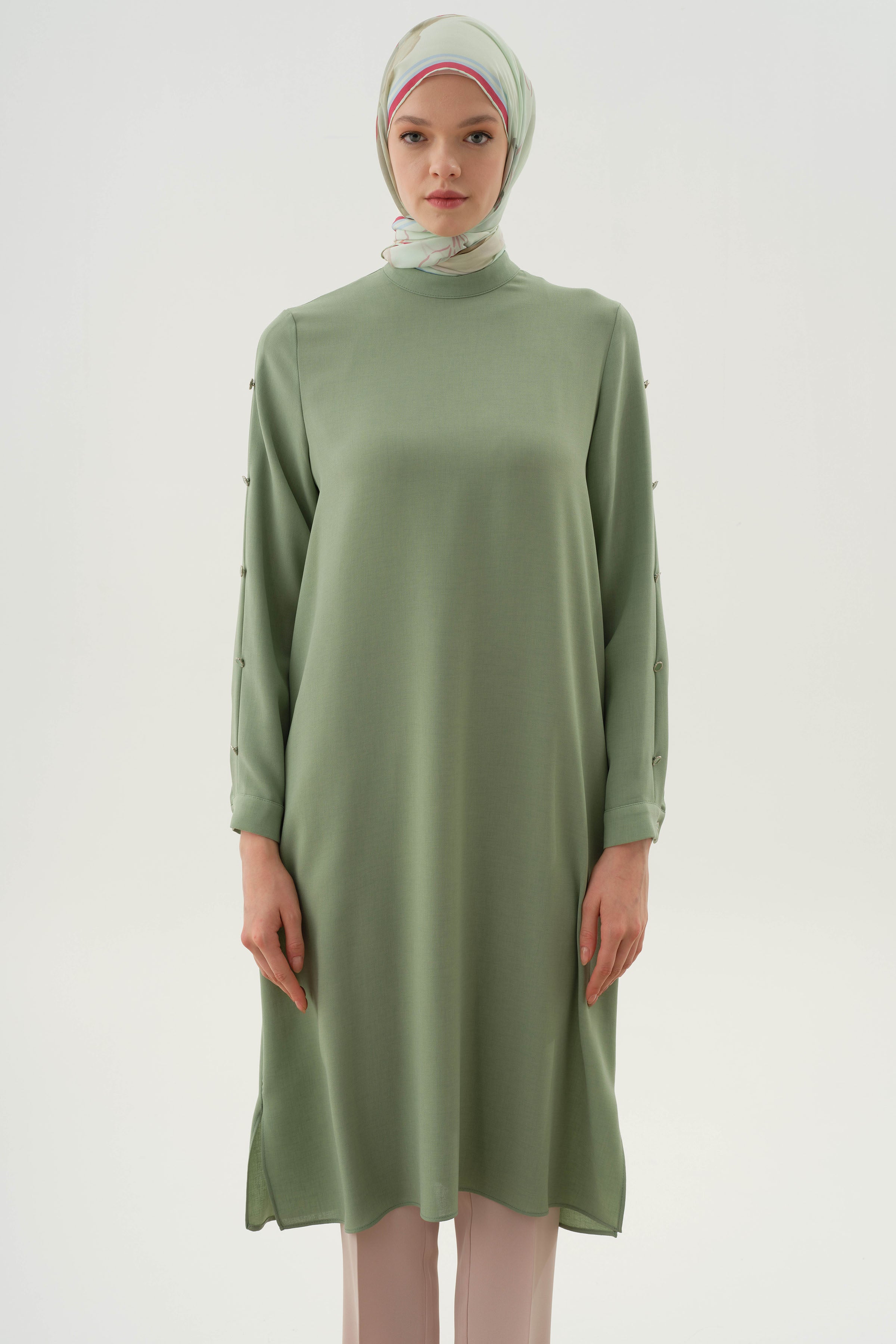 Kollar Plikaşe Düğme Detaylı Tunik - Su Yeşili TUGBA