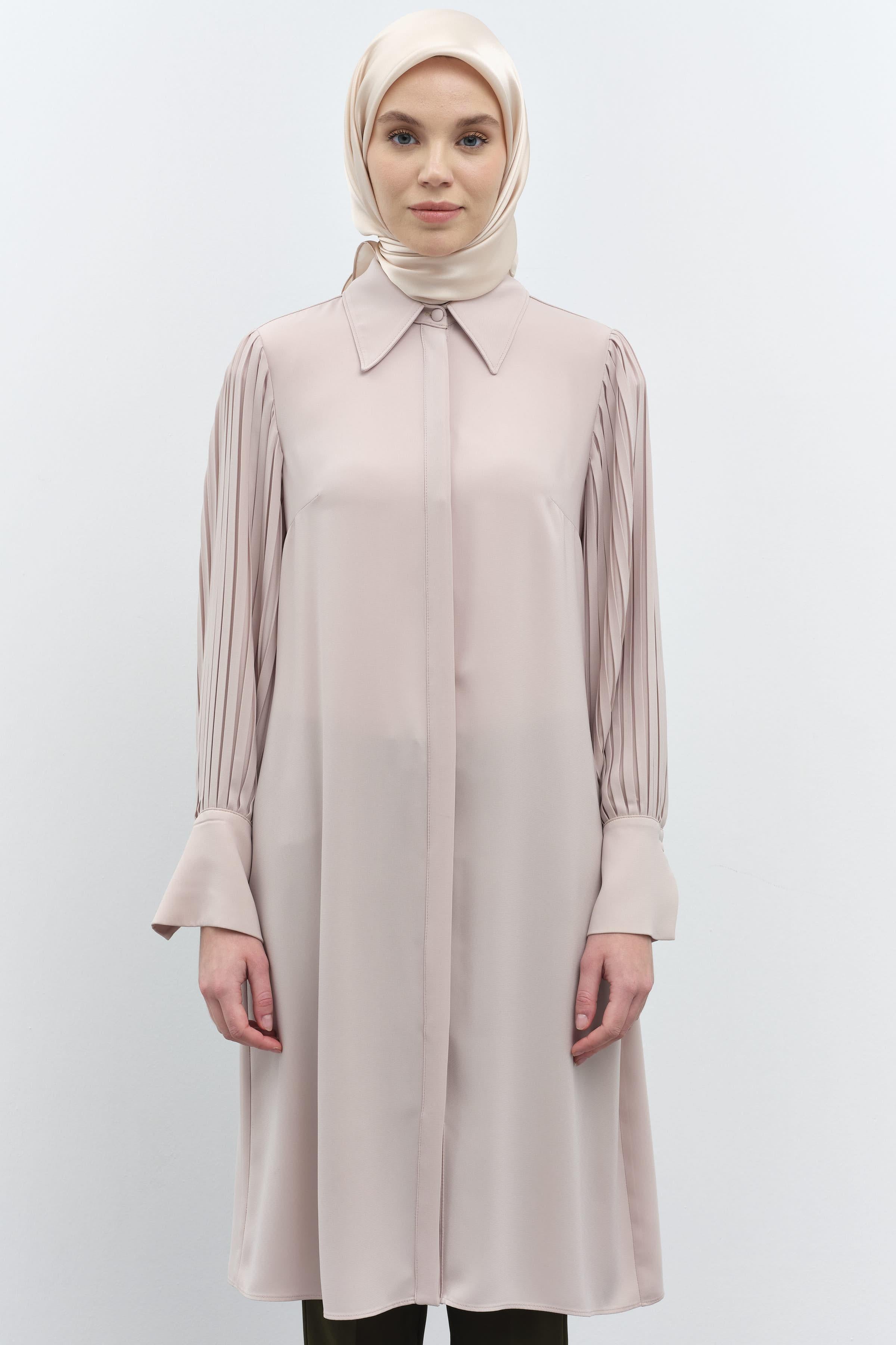 Kollar Pliseli Geniş Manşetli Tunik - Bej TUGBA